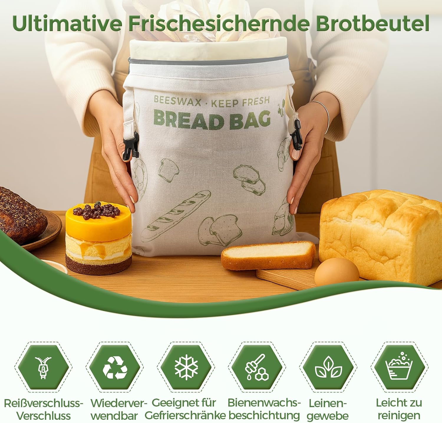 Detalle de YARRAMATE Brotbeutel Leinen mit Bienenwachseinlage – 2er Pack, Große Brotaufbewahrung 43x33 cm
