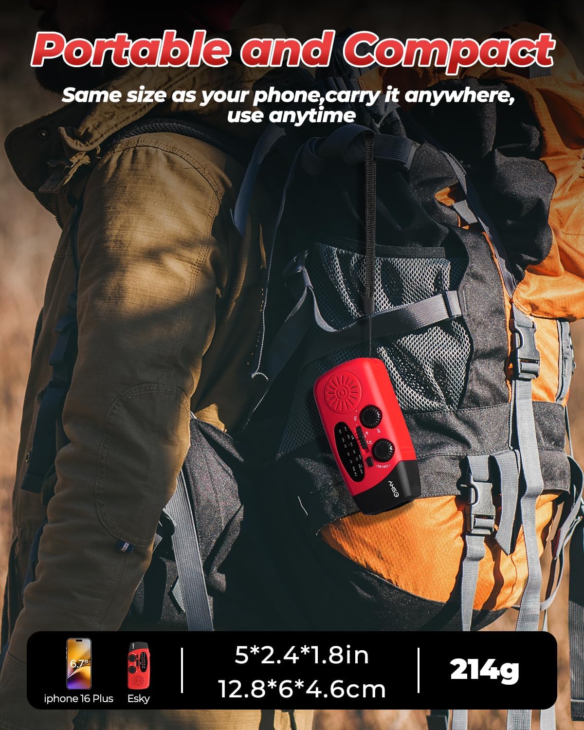 Detalle 2 de Esky Wind Up Radio: Survival Hand Crank Solar AM/FM Weather Radio with 2000mAh USB Power Bank