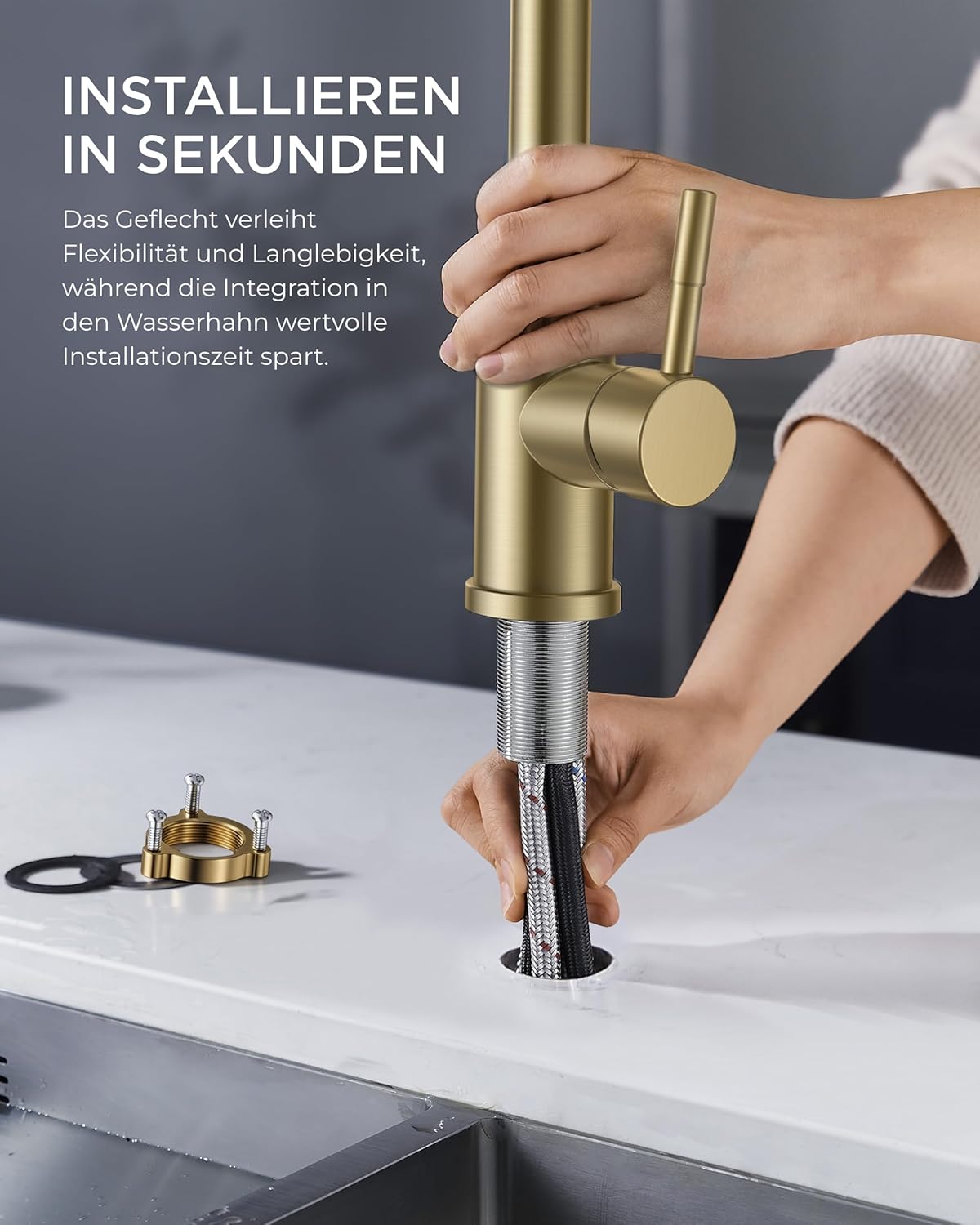 Thumbnail 5 de FORIOUS Küchenarmatur mit Ausziehbrause (360°), 2 Strahlarten, versenkbar – gebürstetes Gold