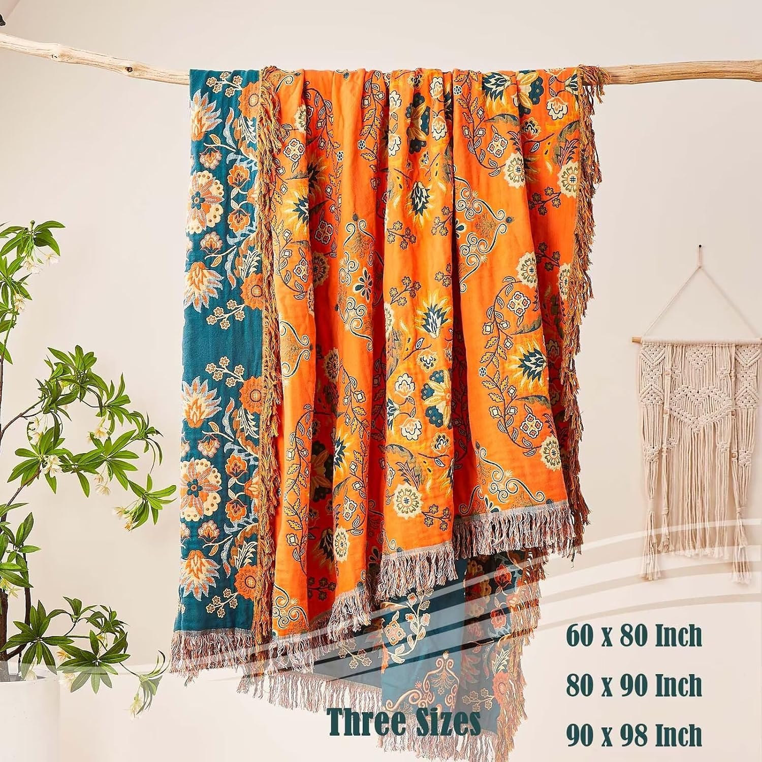 Detalle de XIBLC Boho Throw Blanket (100% Cotton) 60"x80" Floral Reversible Farmhouse Decor, Orange