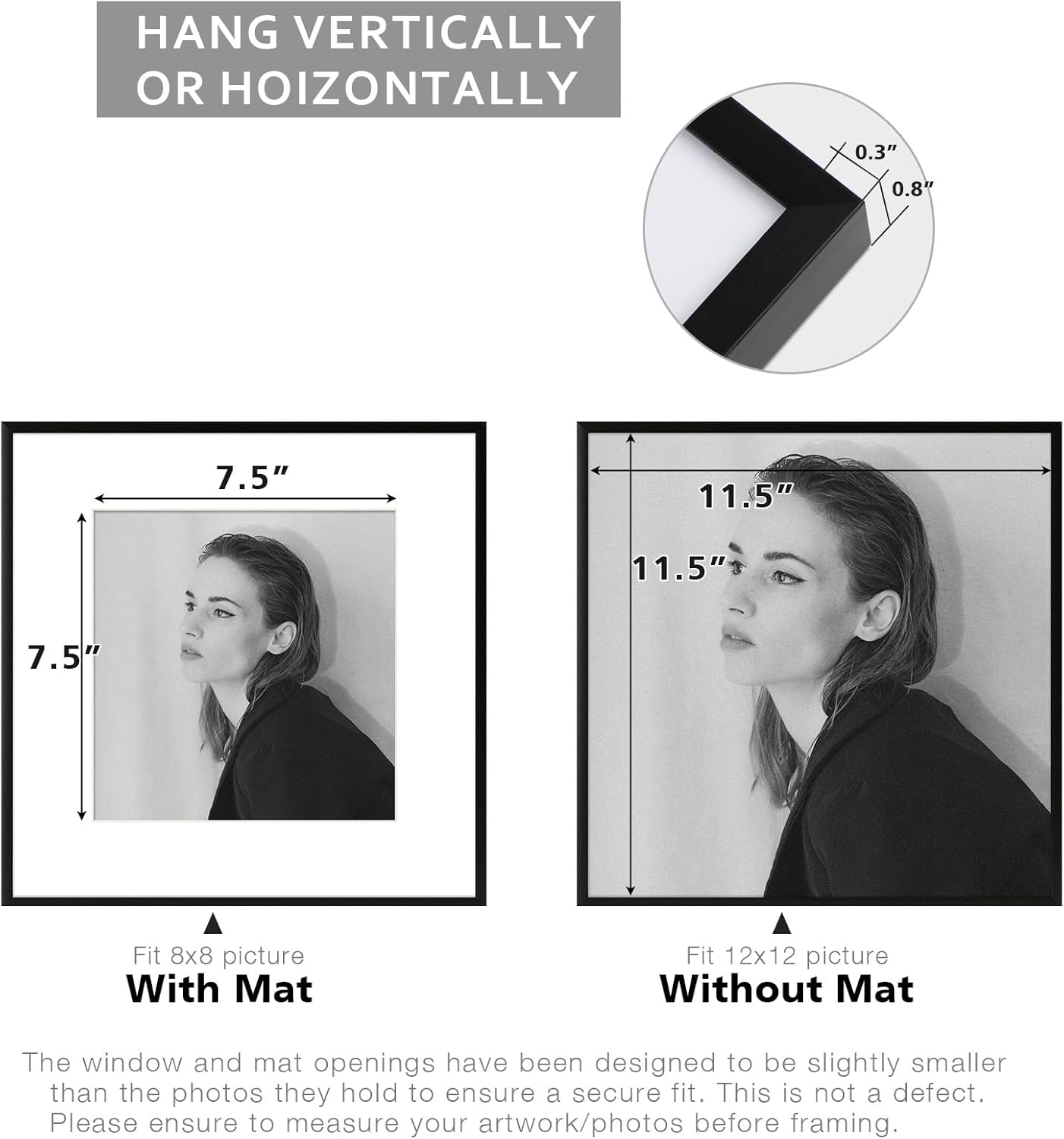 Thumbnail 4 de Golden State Art 12x12 Aluminum Picture Frame with Real Glass (Black) — for 8x8 or 12x12 Photos