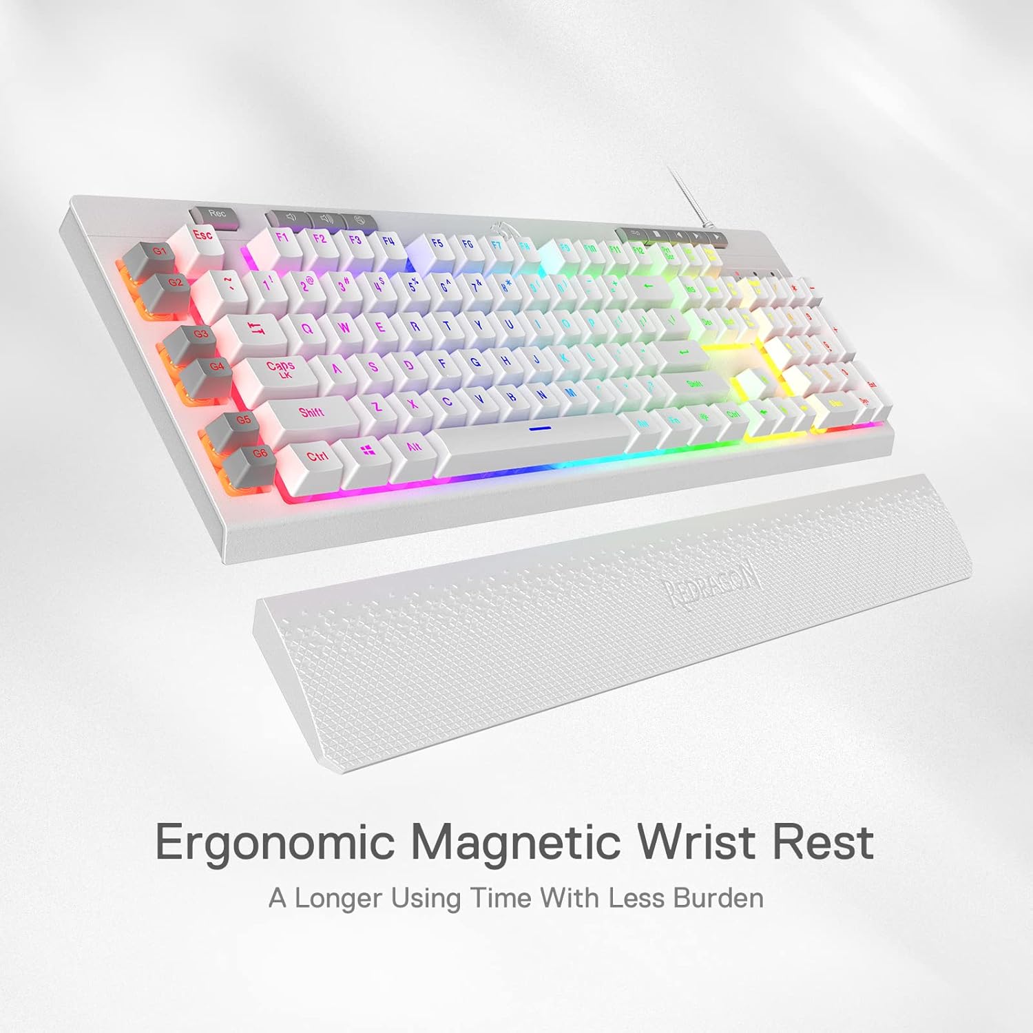 Detalle de Redragon K512 Shiva US-Layout weiße Membran-Gaming-Tastatur – RGB, Makros & abnehmbare Handballenauflage
