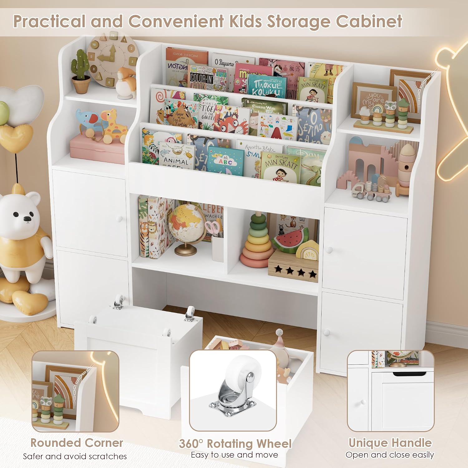Detalle de FOREHILL P392 Kids Storage Unit, 3-Tier Bookshelf, 4 Doors, 6 Open Shelves