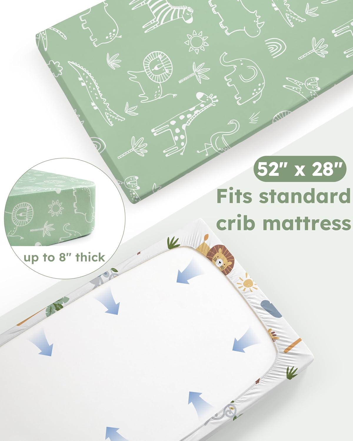 Thumbnail 5 de Nyessmee Fitted Crib Sheets, 2-Pack, 52" x 28", Green Animals, Microfiber