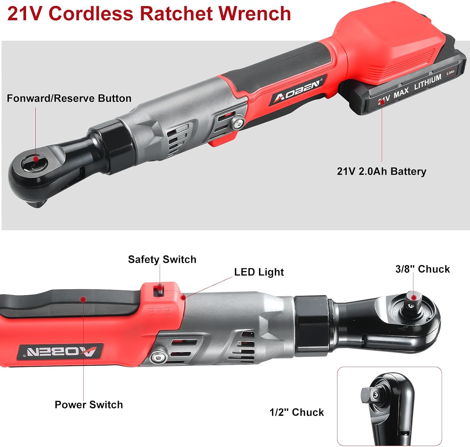 Detalle 2 de AOBEN AB7332C 21V 1/2-Inch Cordless Ratchet Wrench Kit, 74 ft-lbs