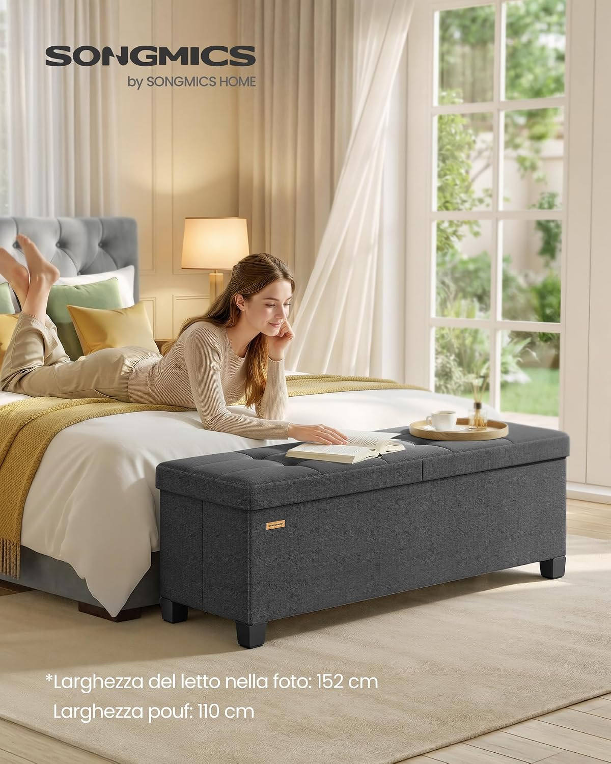 Thumbnail 2 de SONGMICS Cassapanca con Gambe LSF079GN01 – Pouf Contenitore in Tessuto effetto lino, 110 cm, Grigio Ardesia
