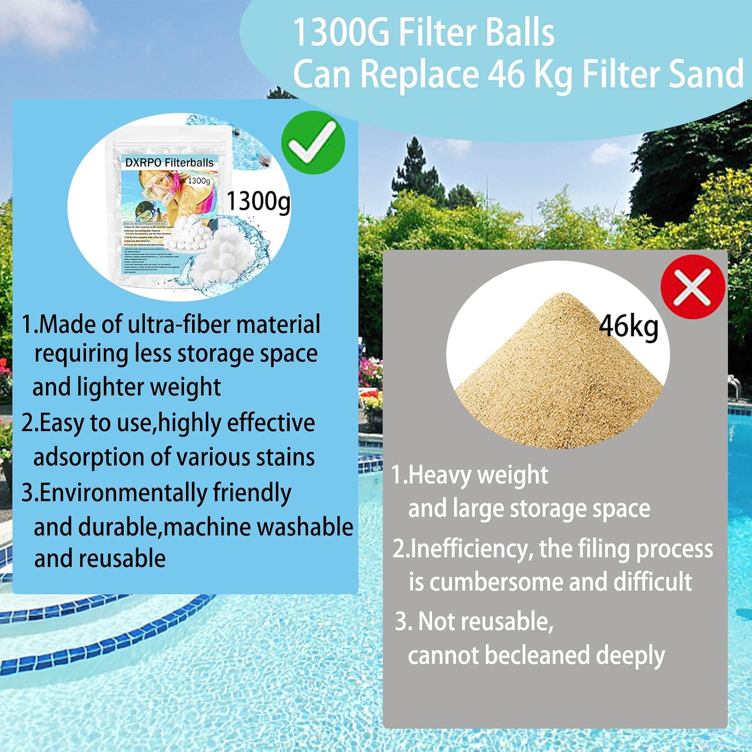 Thumbnail 4 de DXRPO Filterbälle Pool (1.300 g) für Sandfilteranlagen – Filtermedium-Ersatz in Weiß