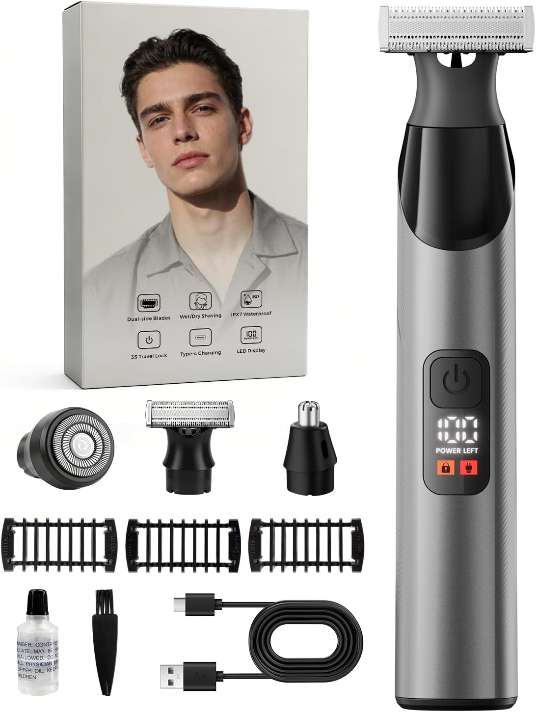 Detalle de Prettywill Beard Trimmer Men: All‑in‑One Body & Beard Grooming Kit with Magnetic Detachable Heads