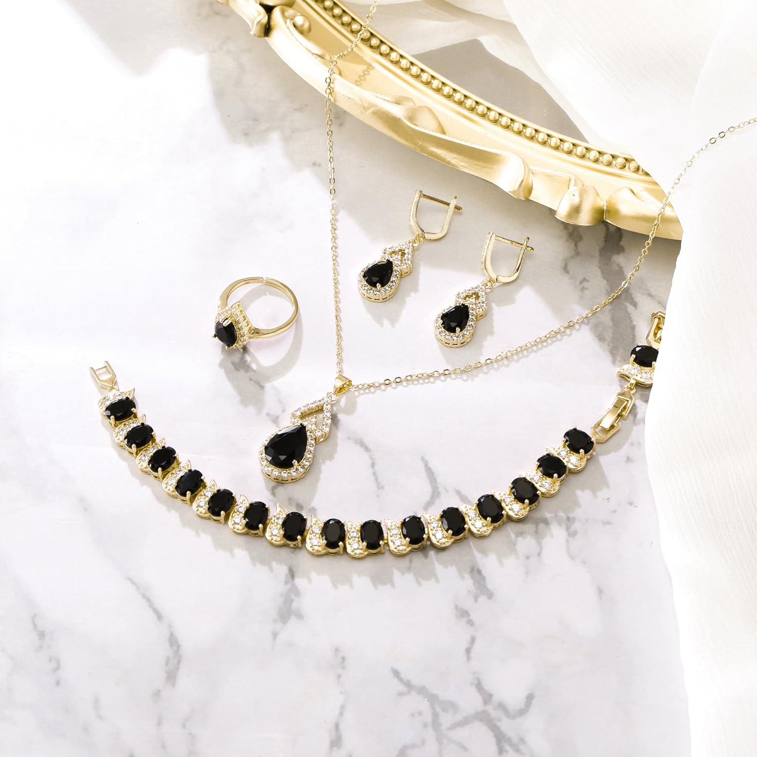 Detalle de Ensemble Clearine Parure Bijoux Mariage en Argent Noir Rose – Goutte d'eau et Zircone Cubique, 4 pièces