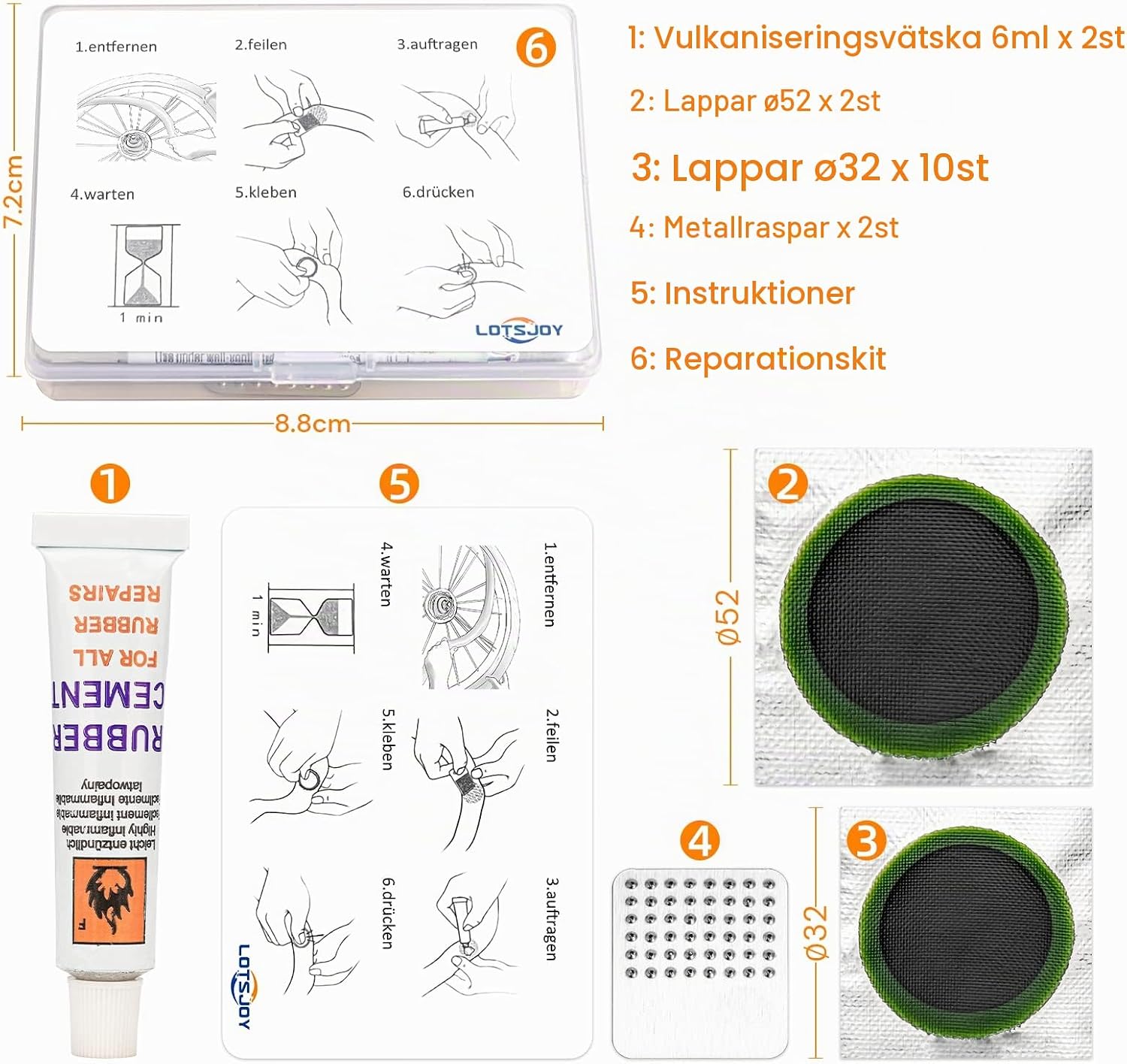 Detalle de LotsJoy cykelreparationssats för däck med lappar och vulkaniseringsvätska