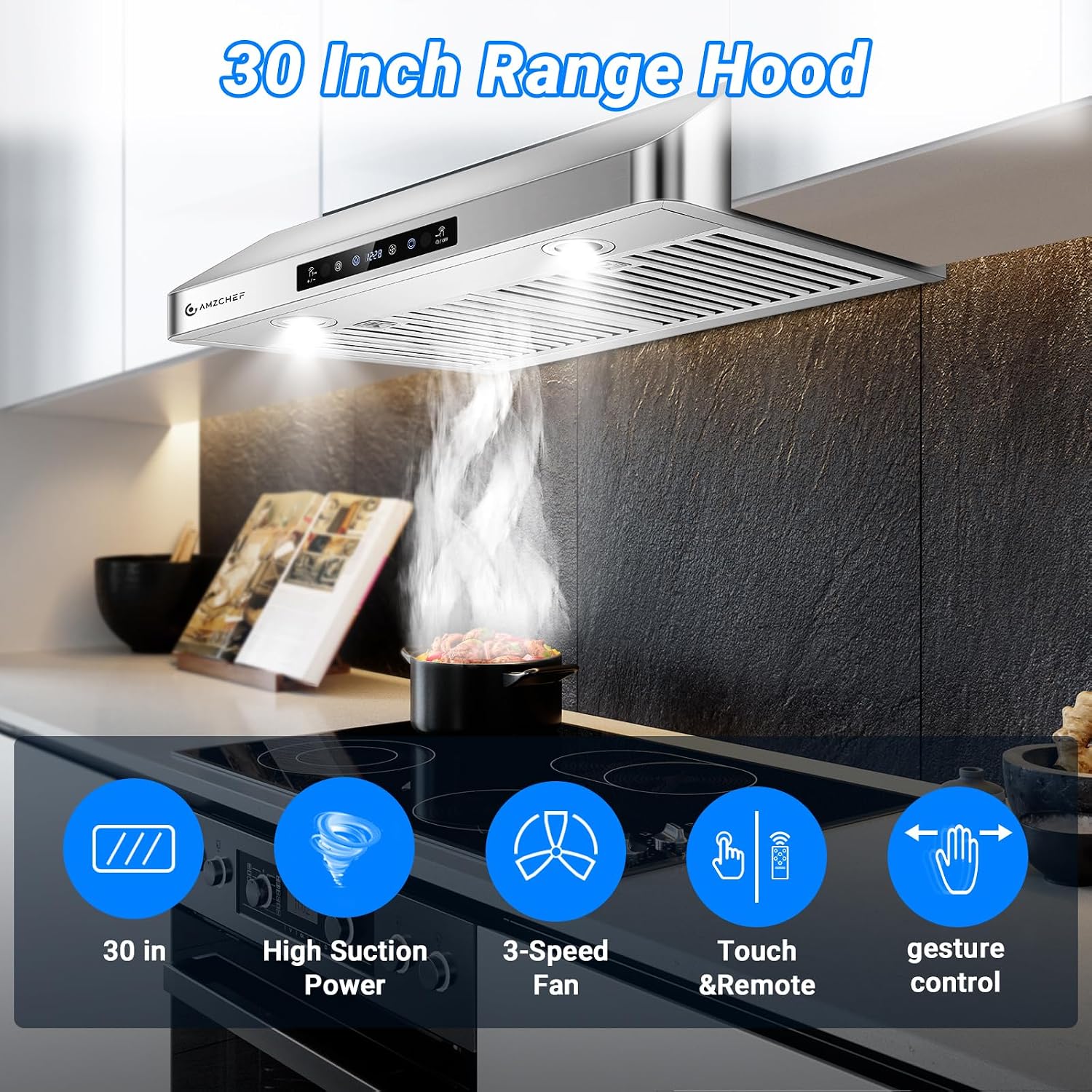 Detalle de AMZCHEF UL-LF0176C1-ST 30-Inch Under-Cabinet Range Hood with Remote Control