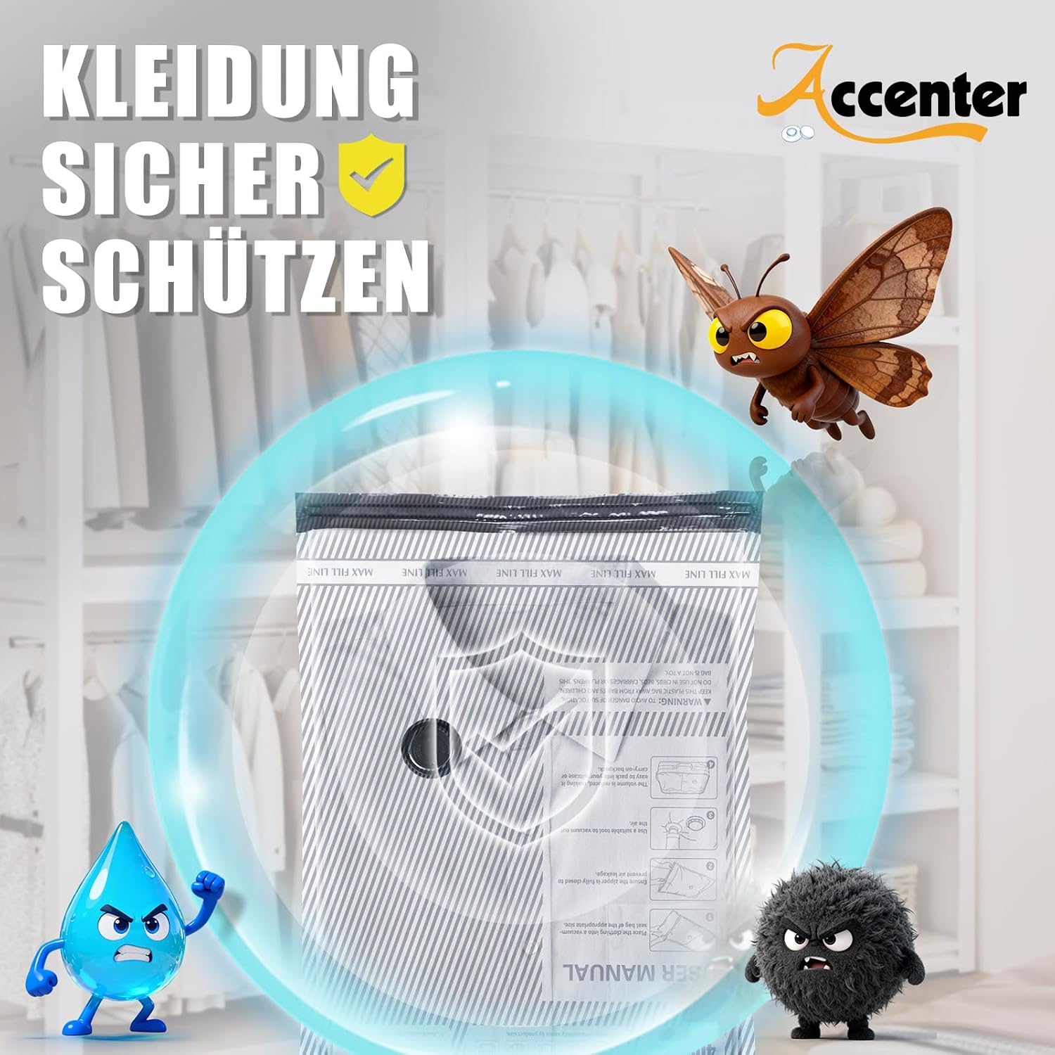 Detalle de Accenter Vakuumbeutel für Kleidung mit elektrischer Pumpe (Set mit 10 Teilen, 3 Größen)