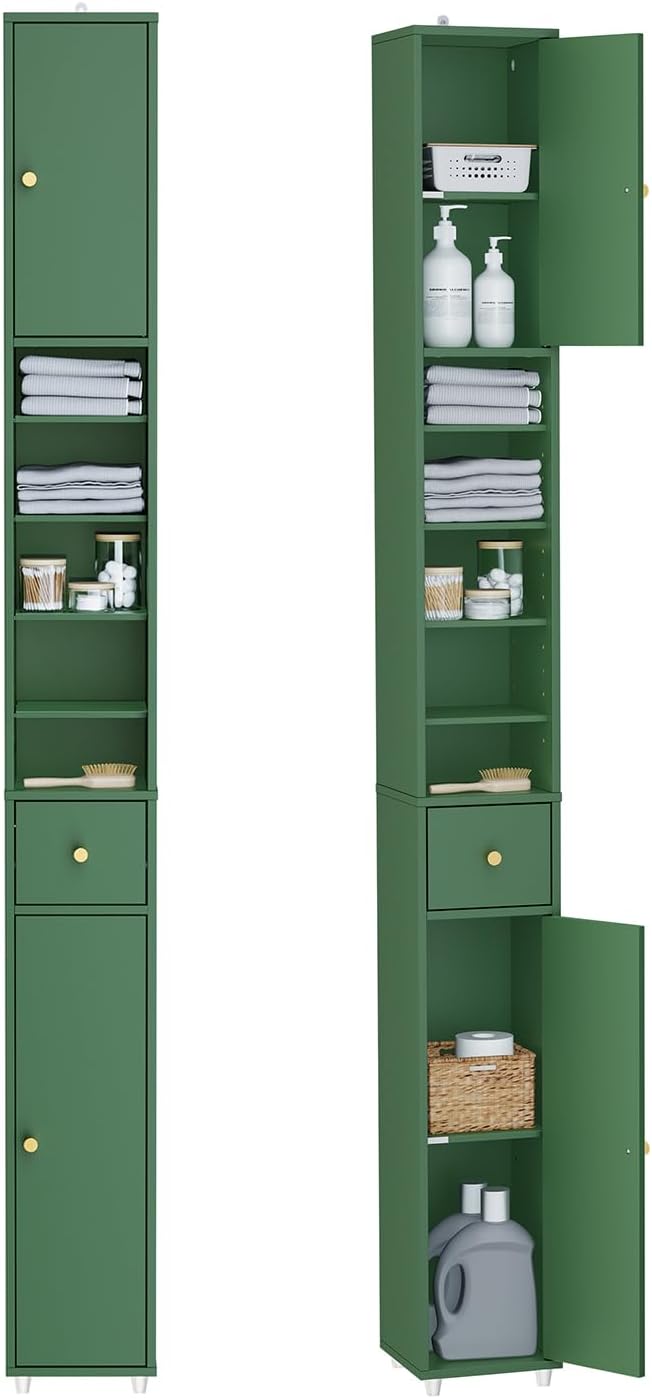 Detalle de SoBuy Colonne de Salle de Bain 180 cm – Armoire étroite 20x20 cm avec 6 étagères réglables et tiroir, Vert Olive BZR34-II-SY