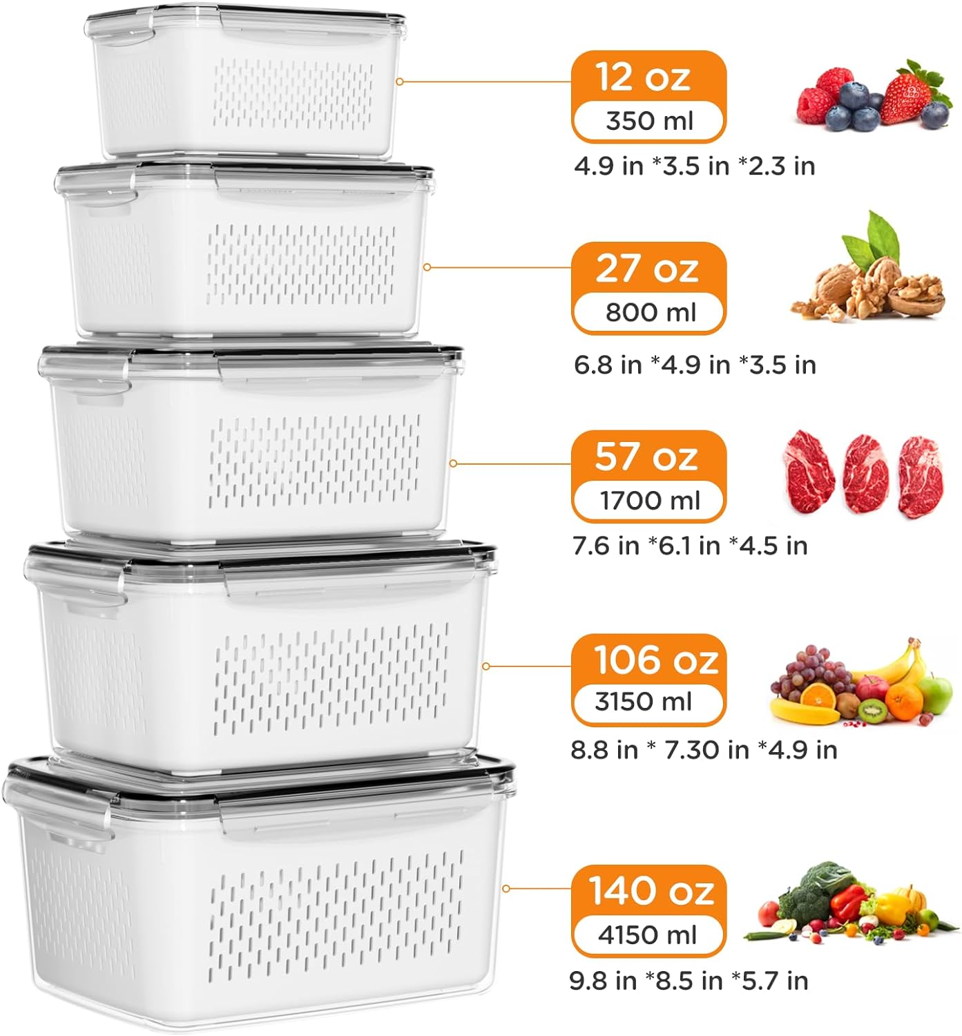 Thumbnail 4 de 5-Pack Fruit Storage Containers with Removable Colanders — 4-in-1 Fridge Organizer Bins