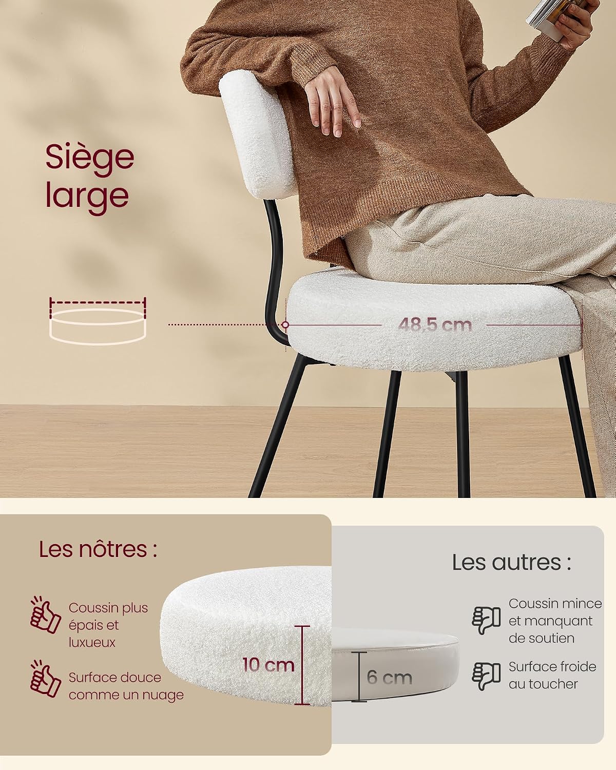 Thumbnail 3 de VASAGLE KDC110W14 : lot de 4 chaises de salle à manger rembourrées en tissu peluche