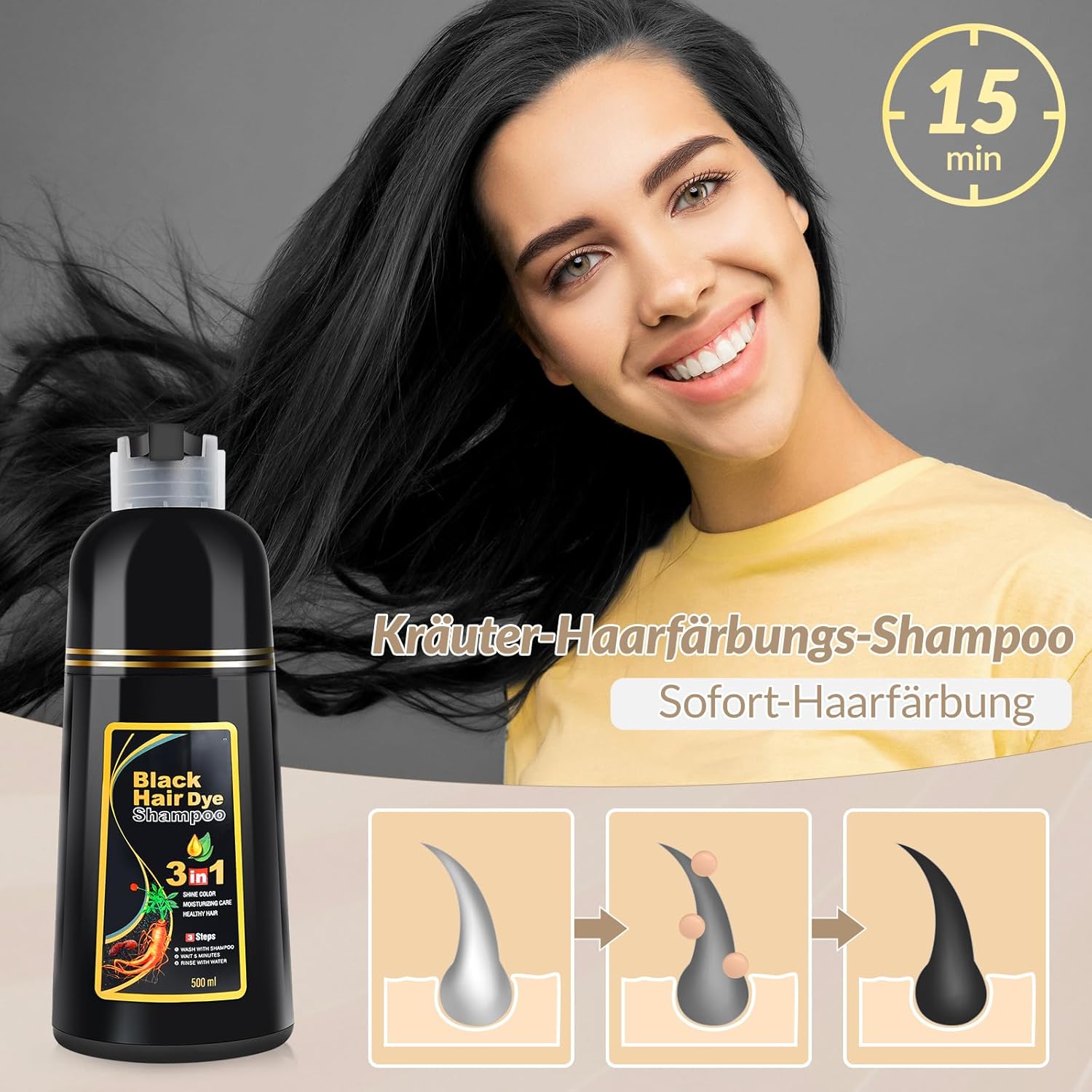 Thumbnail 4 de Black Hair Dye Shampoo 3-in-1 – schwarzes Haarfärbeshampoo mit Ginseng-Extrakt (500 ml)