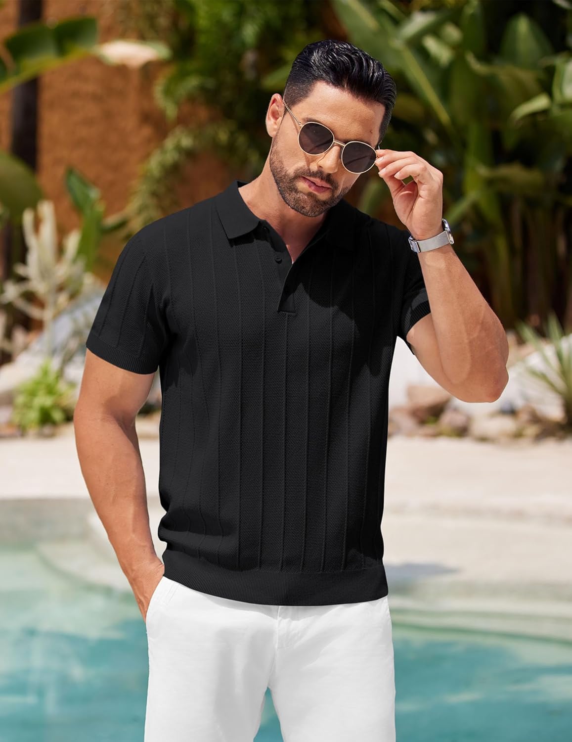Thumbnail 3 de COOFANDY Men’s Knit Polo Shirts (Short Sleeve, Ribbed Textured Knit)