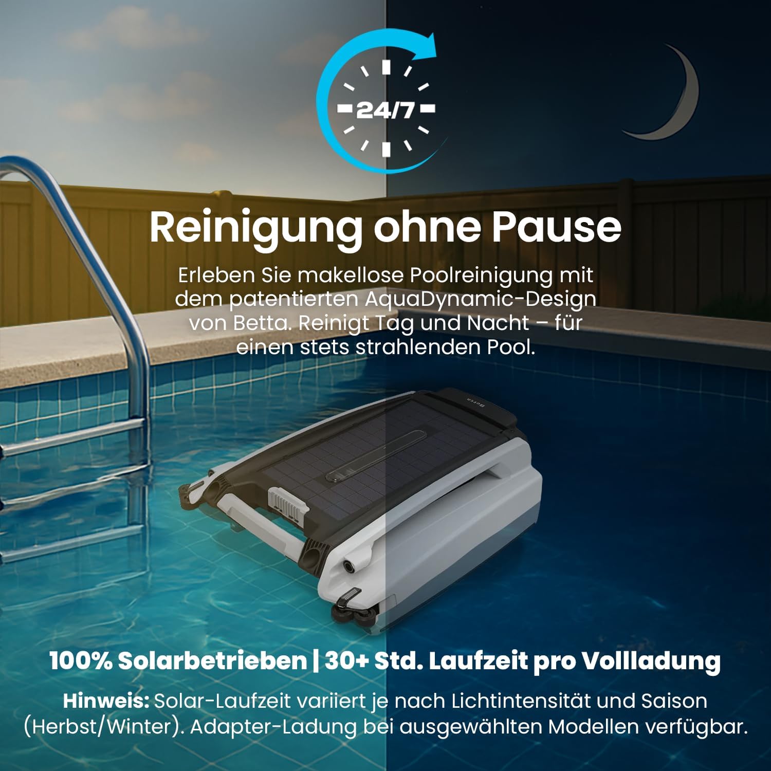 Detalle 2 de Betta SE Solar Pool Skimmer Roboter – 30 h Autonomie, salzwasserbeständig, 24/7 Oberflächenreinigung (Weiß)