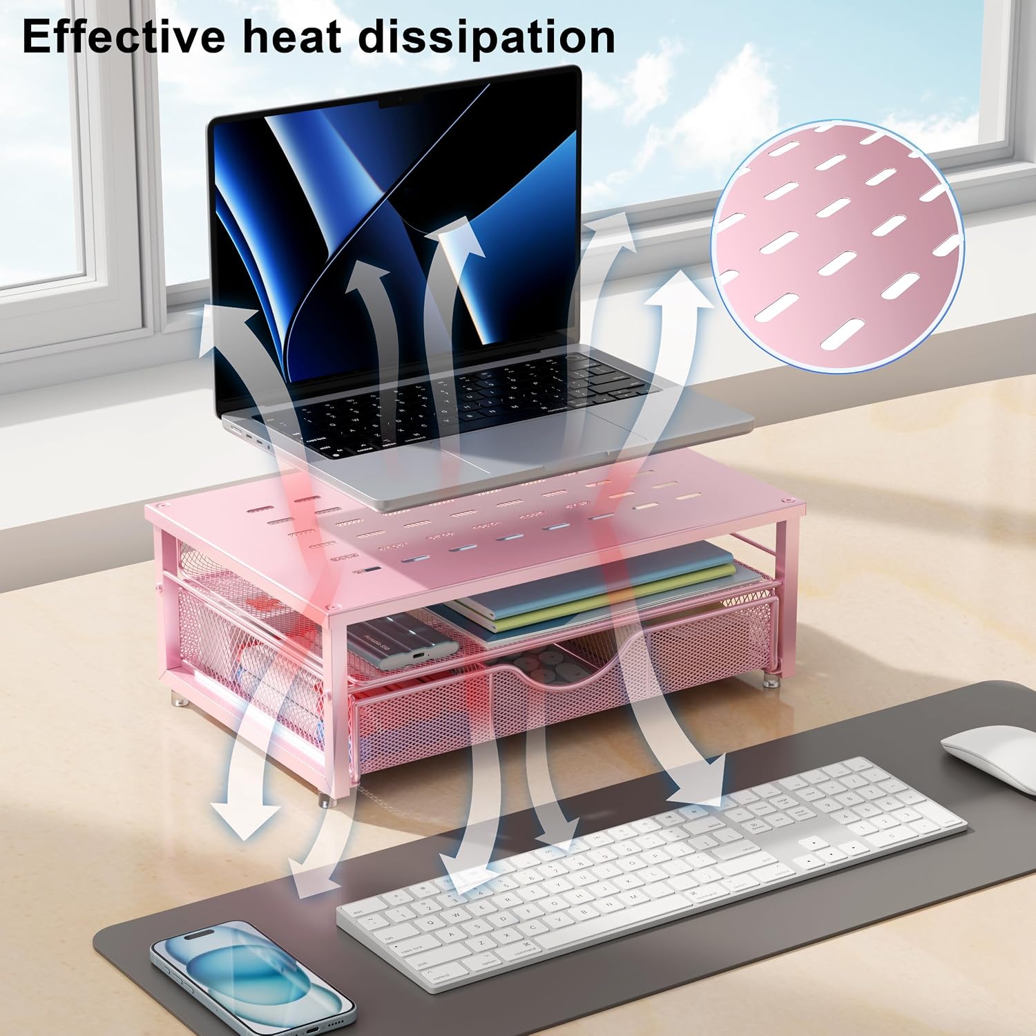 Thumbnail 2 de Pygocereri Monitor Stand Riser with Drawer (Pink) – Desk Organiser & Ventilated Steel, for Monitors, Laptops and Printers