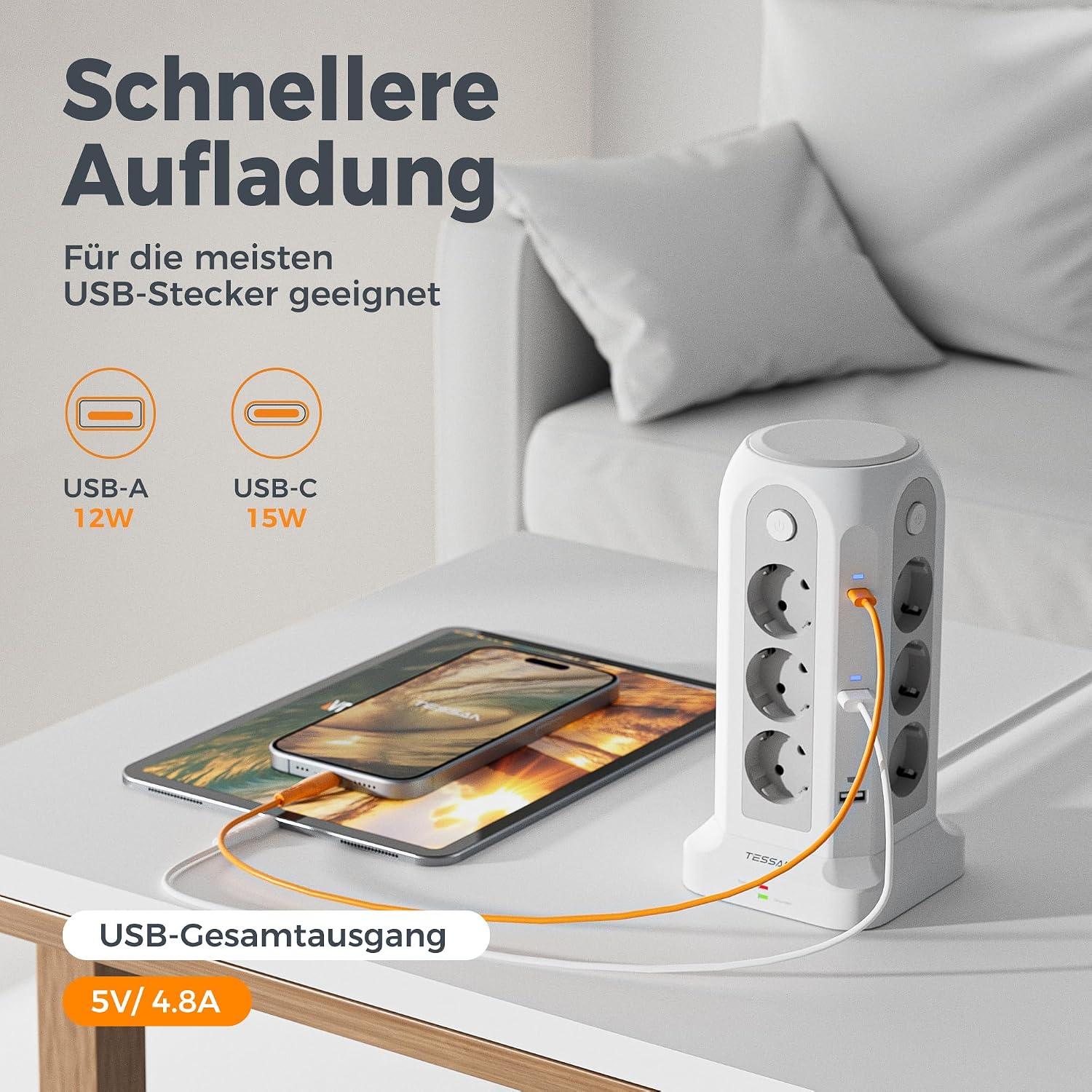 Detalle de TESSAN 12-fach Mehrfachsteckdose mit USB-C 2M Verlängerung