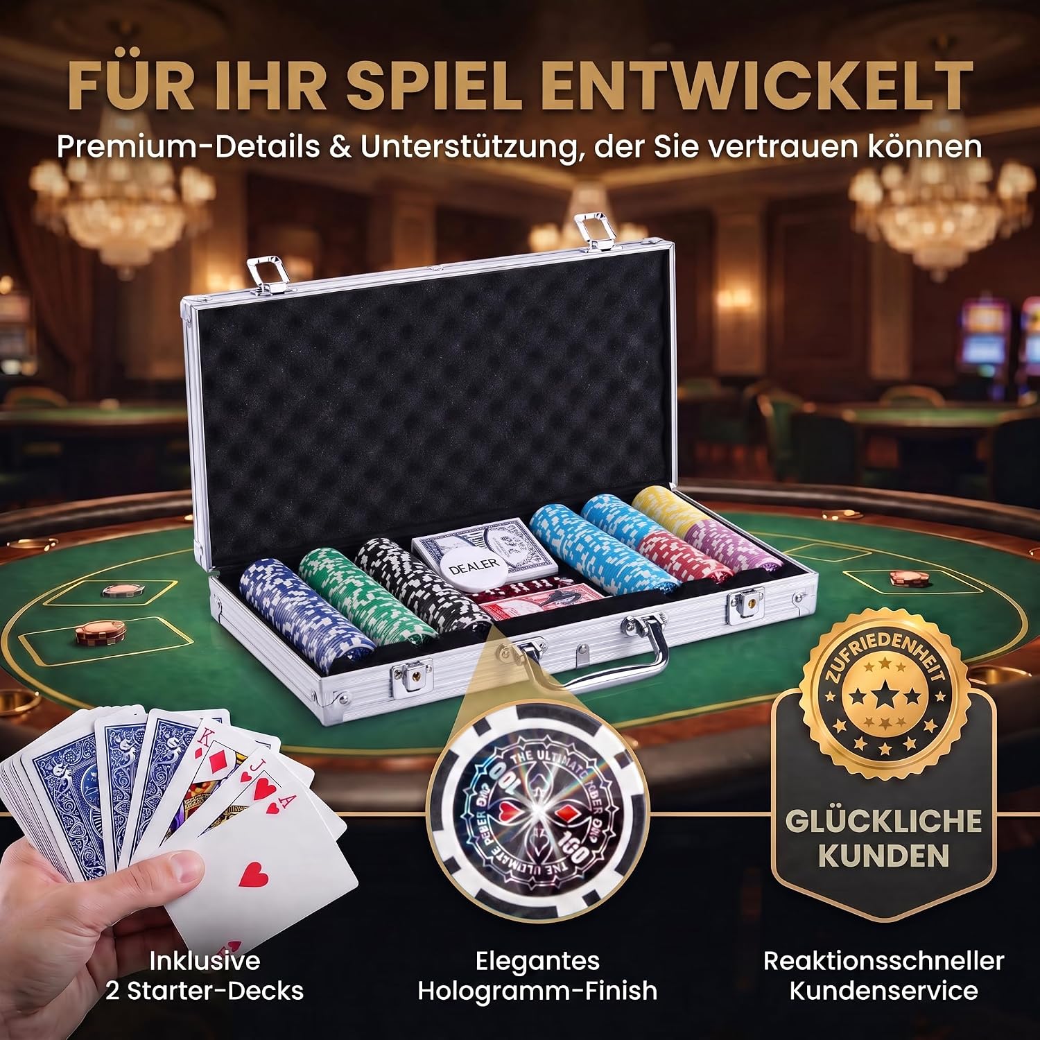 Detalle de Profi Pokerkoffer Pokerset inkl. 300–500 schwere 12 g Metallkern-Chips, inkl. Deck, Karten, Würfel, Dealer-Button – abschließbarer Alu-Koffer