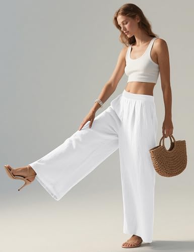 Detalle de Rapbin Summer Trousers for Women – Lightweight Linen-Blend Wide-Leg Pants (White)