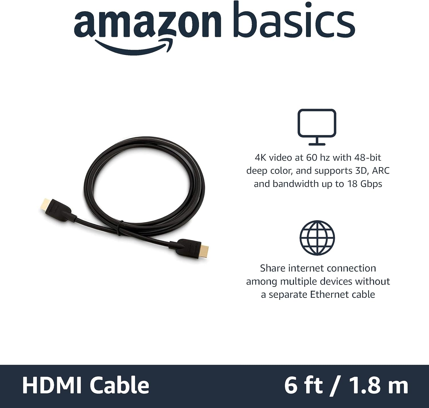 Thumbnail 3 de Amazon Basics HDMI Cable 3-Pack, 6ft — 4K@60Hz, HDMI 2.0, 18Gbps, Gold Contacts