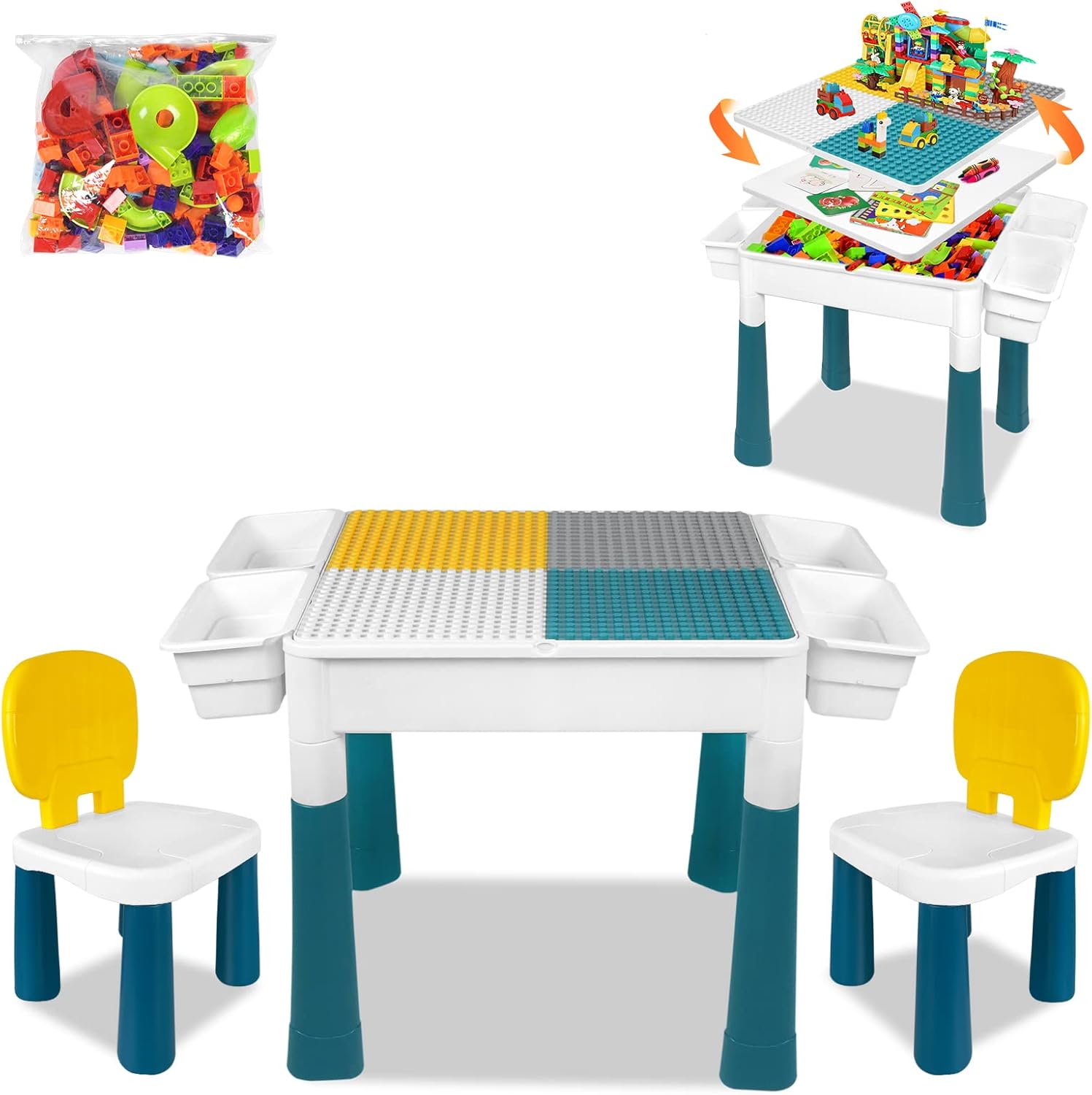 Detalle de Aufun Set Tavolo e Sedie per Bambini 6 in 1 — Tavolo da Gioco Multifunzionale con 163 Blocchi e Sedie Abbinati