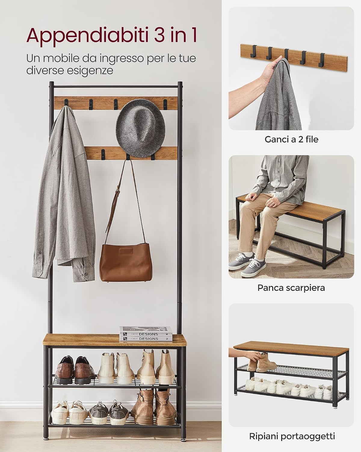 Detalle de VASAGLE Appendiabiti con Scarpiera, 3 in 1: ingresso moderno con panca e spazio per scarpe (HSR041B41)