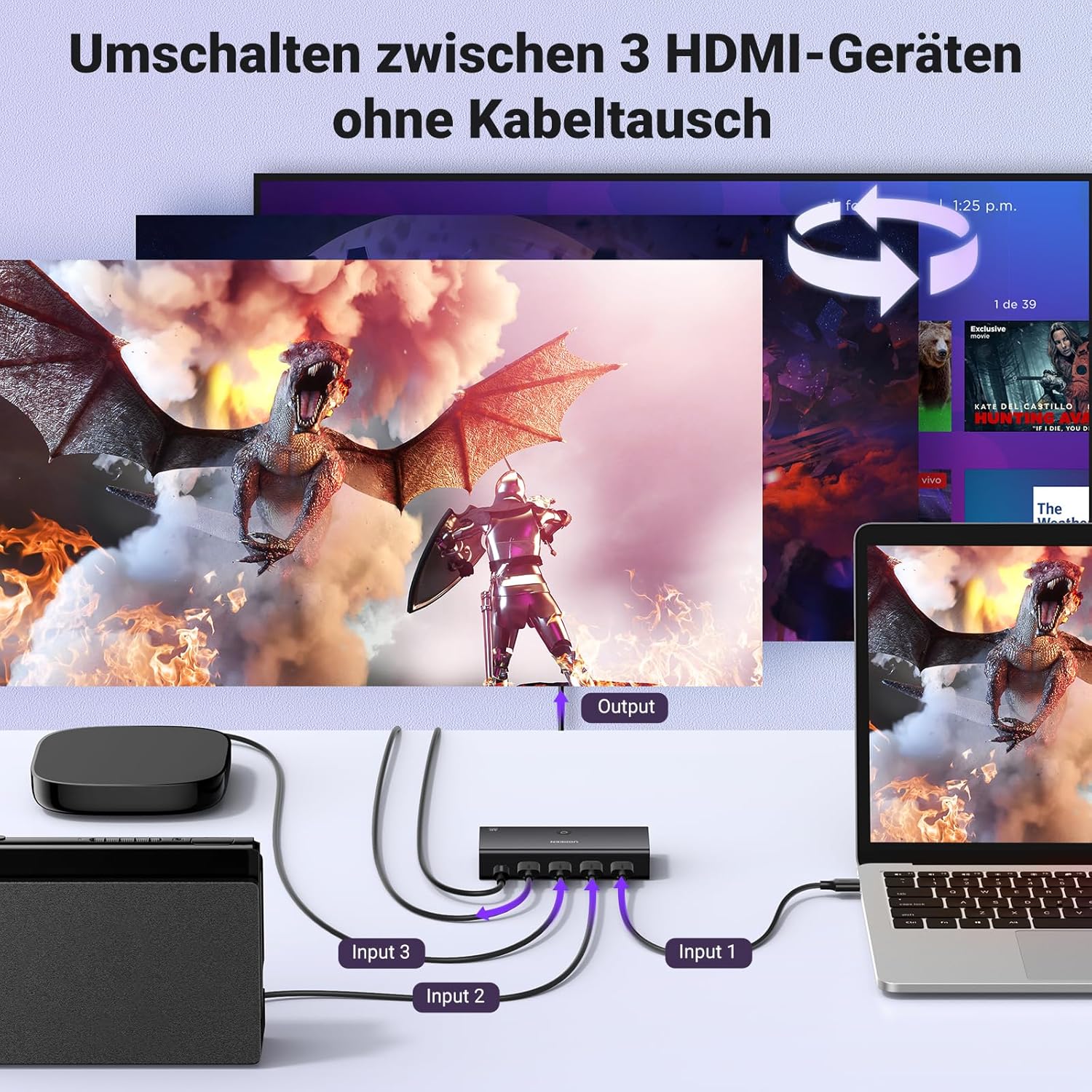 Detalle de UGREEN HDMI 2.0 Switch 4K@60Hz (3 Eingänge auf 1 Ausgang) mit Fernbedienung – für PS5/PS4, Xbox, Apple TV & mehr