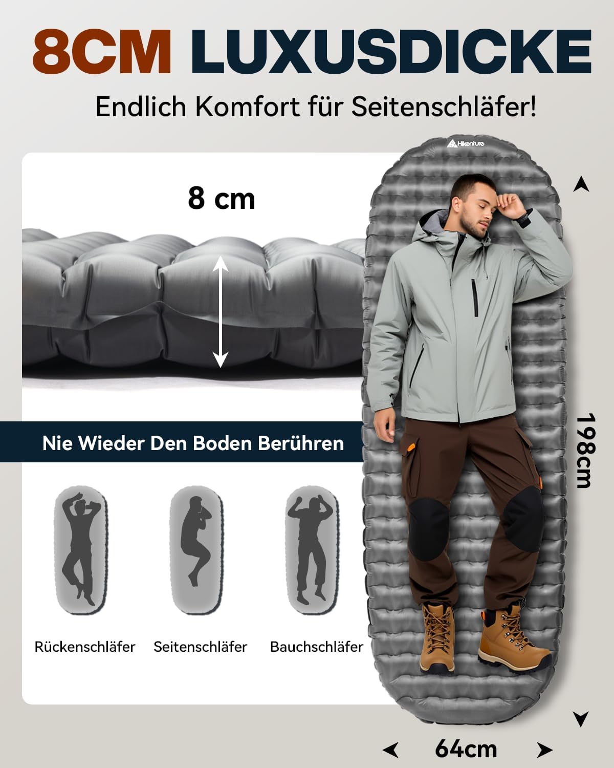 Detalle 2 de HIKENTURE 6,2 R-Wert Camping Isomatte Ultraleicht – 8 cm Dicke, 4-Jahreszeiten, TPU-Luftmatratze