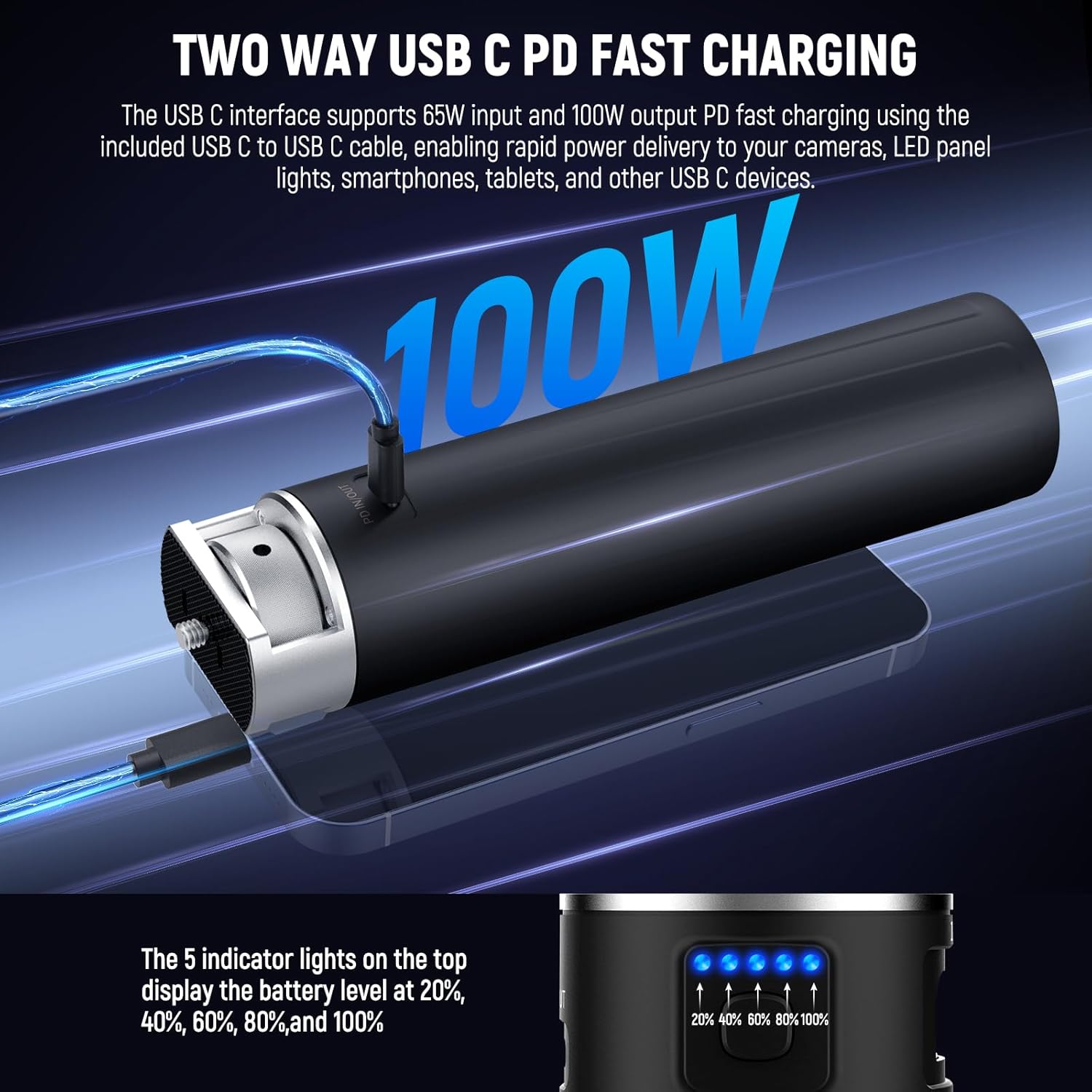 Thumbnail 1 de NEEWER Poignée de batterie PH99E pour éclairages vidéo COB (6800mAh/99Wh) avec USB-C PD 100W et D-Tap 14,4V/10A