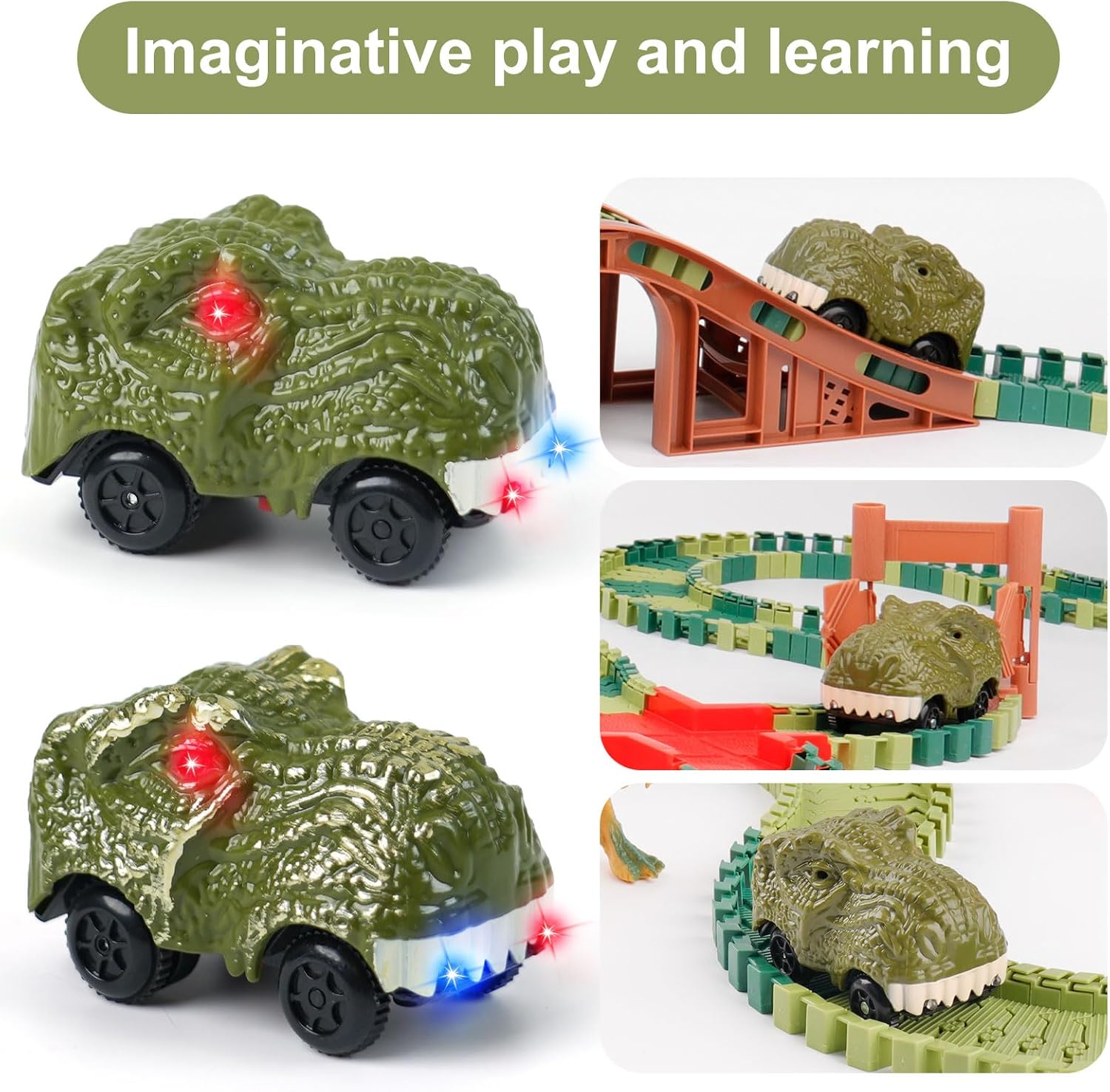 Detalle 2 de ToyFuntasy 2-Pack Dinosaur Track Cars: LED Dino Racers for 3–7 Year Old Boys