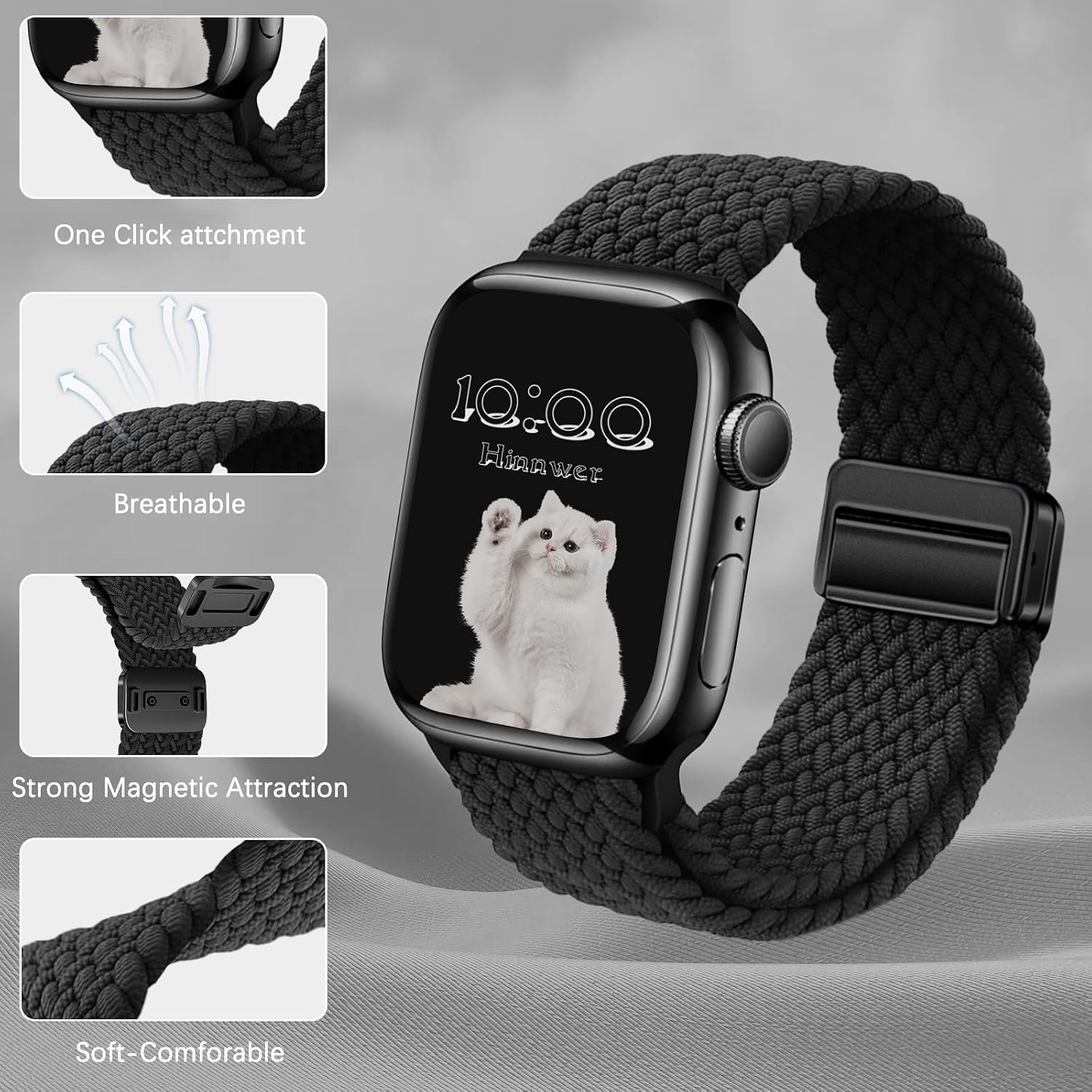 Detalle de Hinnwer Nylon Elastic Braided Strap for Apple Watch (42–49mm) with Magnetic Clasp