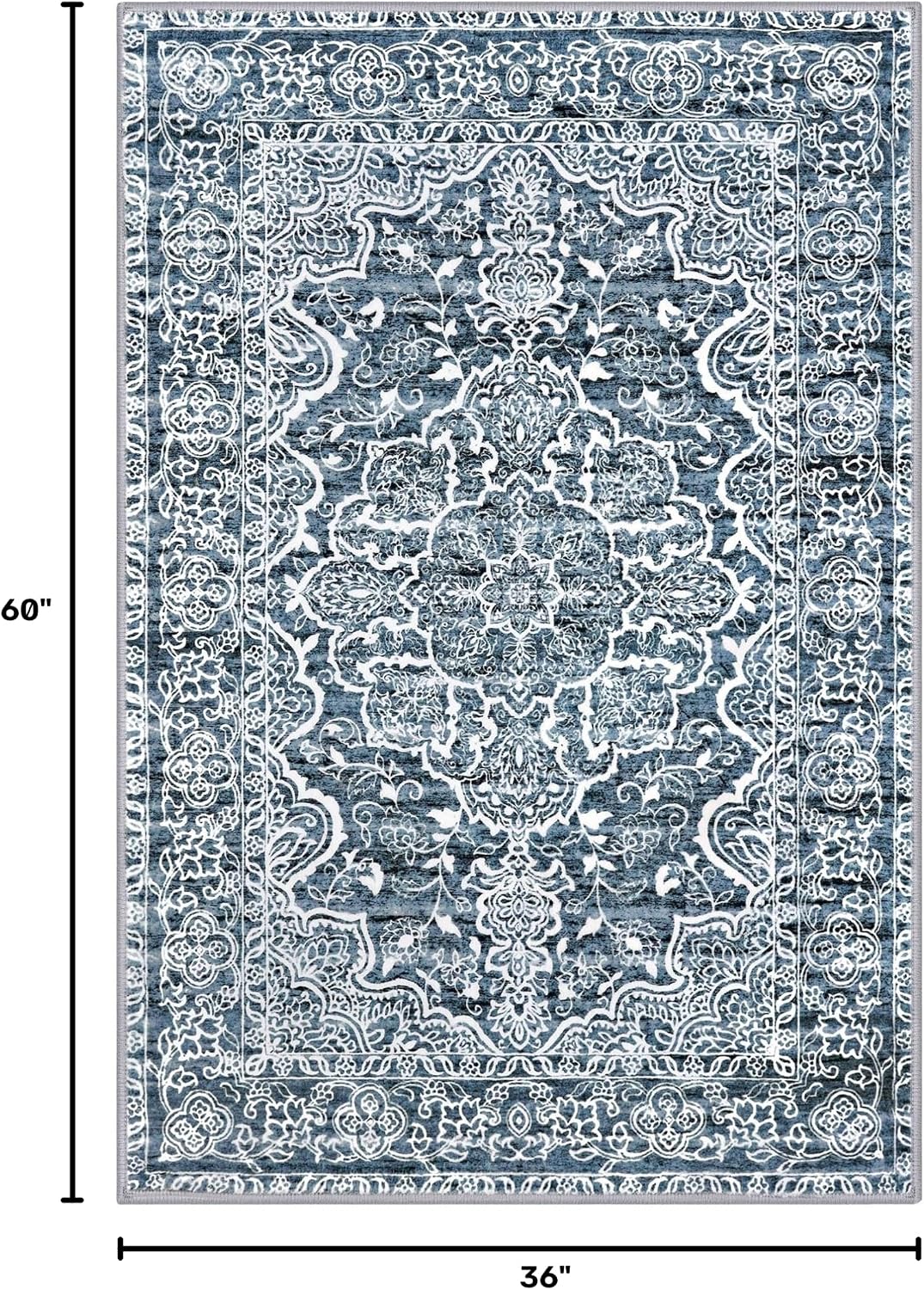 Detalle 2 de KUTA 3x5 Entryway Rug (Blue White Vintage Floral) Non-Slip, Washable Low-Pile