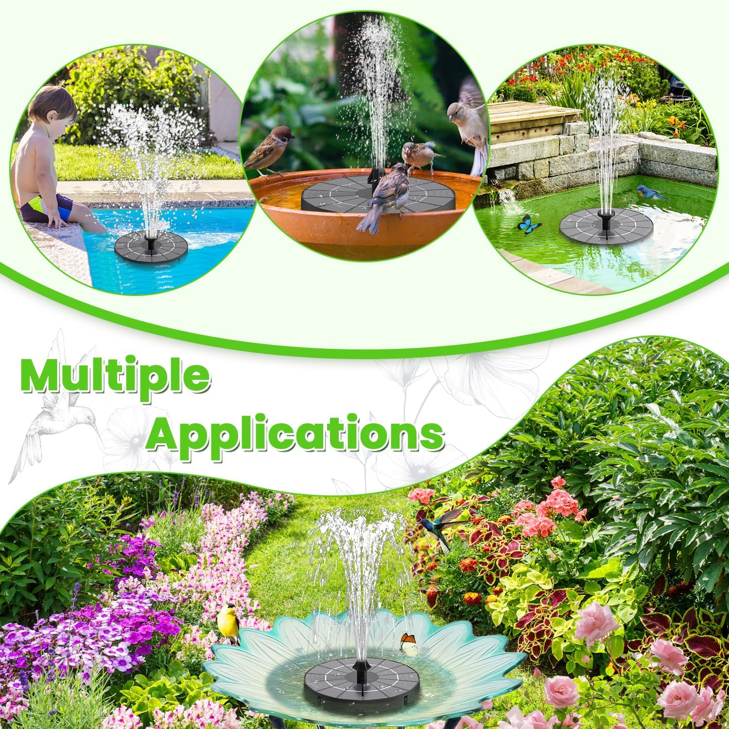 Thumbnail 5 de SZMP Solar Fountain 3.5W Solar-Powered Bird Bath Pump with 2000mAh Battery and 8 Nozzles