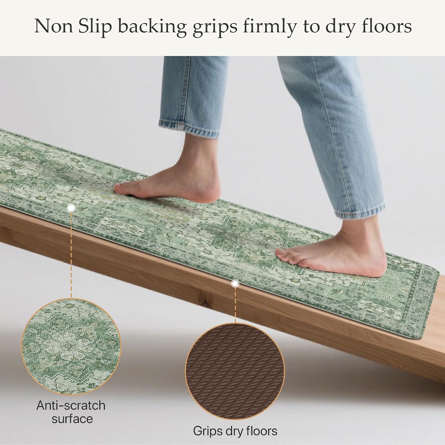 Detalle de GENIMO Anti Fatigue Kitchen Mats for Floor 2PCS — Cushioned 17.3" x 59" & 17.3" x 30", Light Green Vintage Boho Set