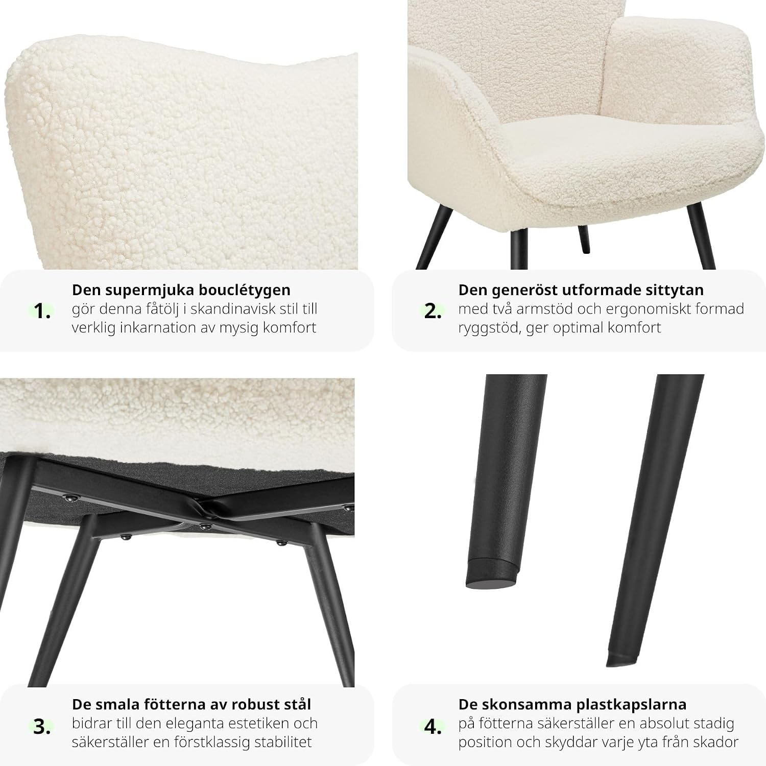 Detalle 2 de tectake Hygge 405057 fåtölj i bouclé med ergonomiskt ryggstöd och svarta stålben
