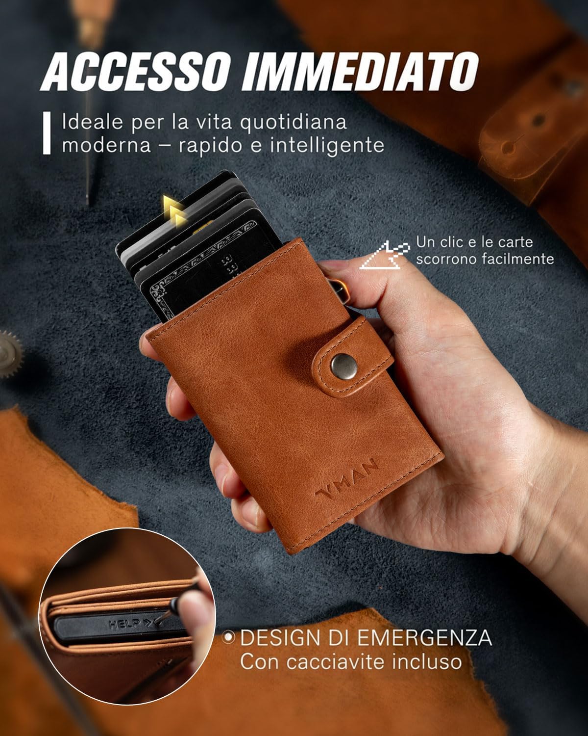 Thumbnail 1 de VMAN Portafoglio Uomo Slim con protezione RFID in pelle pieno fiore – Marrone