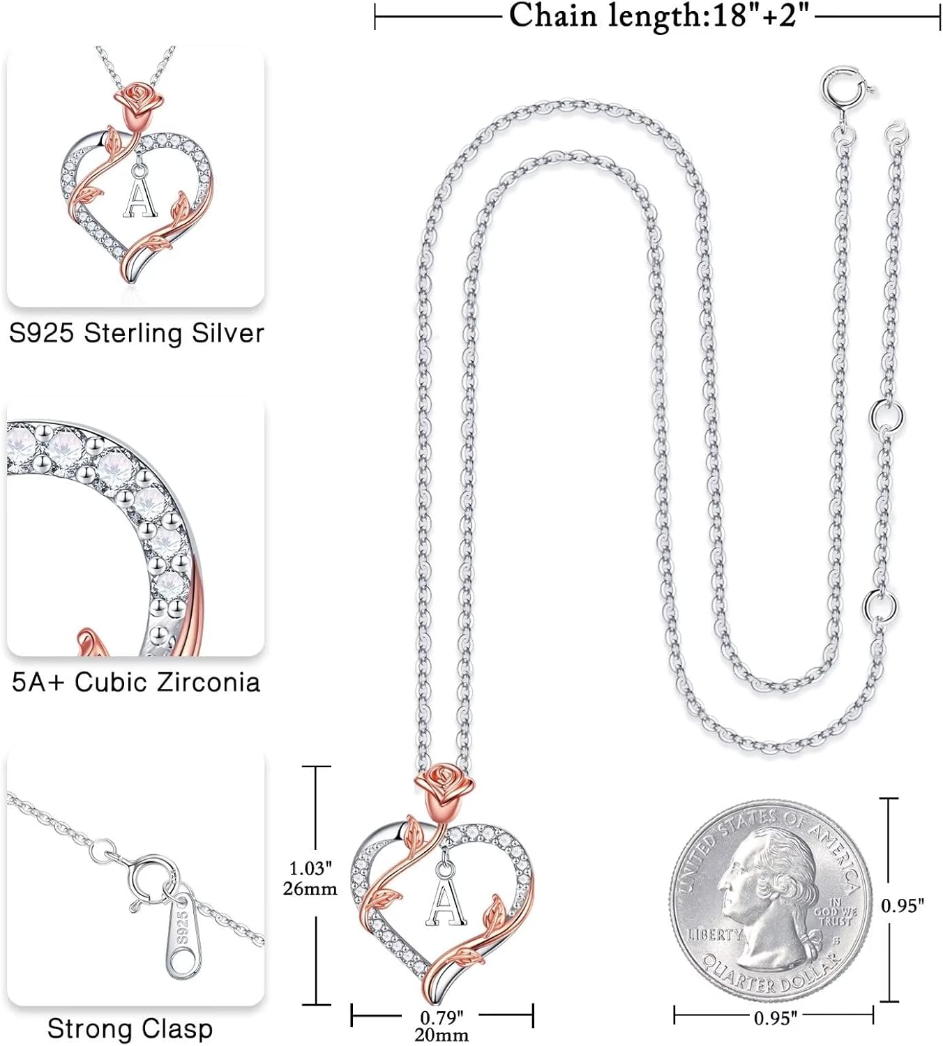 Thumbnail 3 de Iefil 925 Sterling Silver Heart Initial Necklace 20in