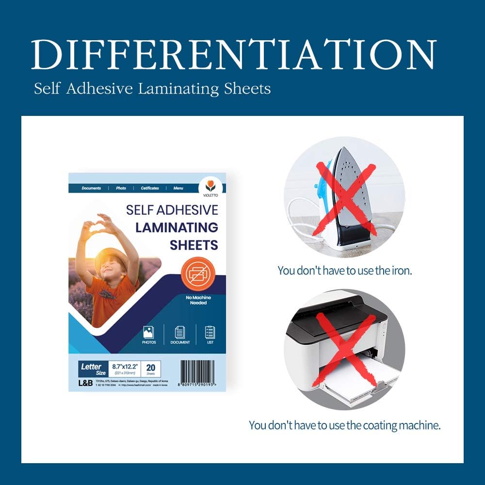 Detalle de VIOLETTO Self Laminating Sheets, 8.7 x 12.2 in, 4 Mil, 20 Sheets