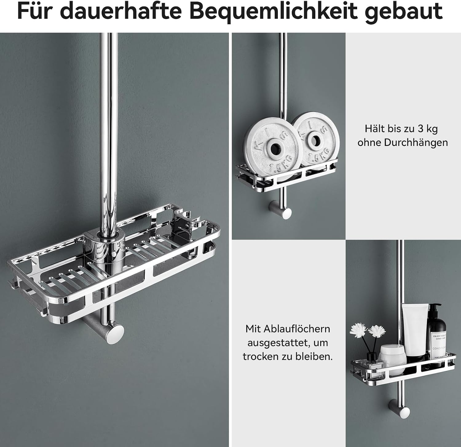 Detalle de Auralum Duschstange Edelstahl 90 cm mit Duschablage – rüstet ohne neue Bohrlöcher auf