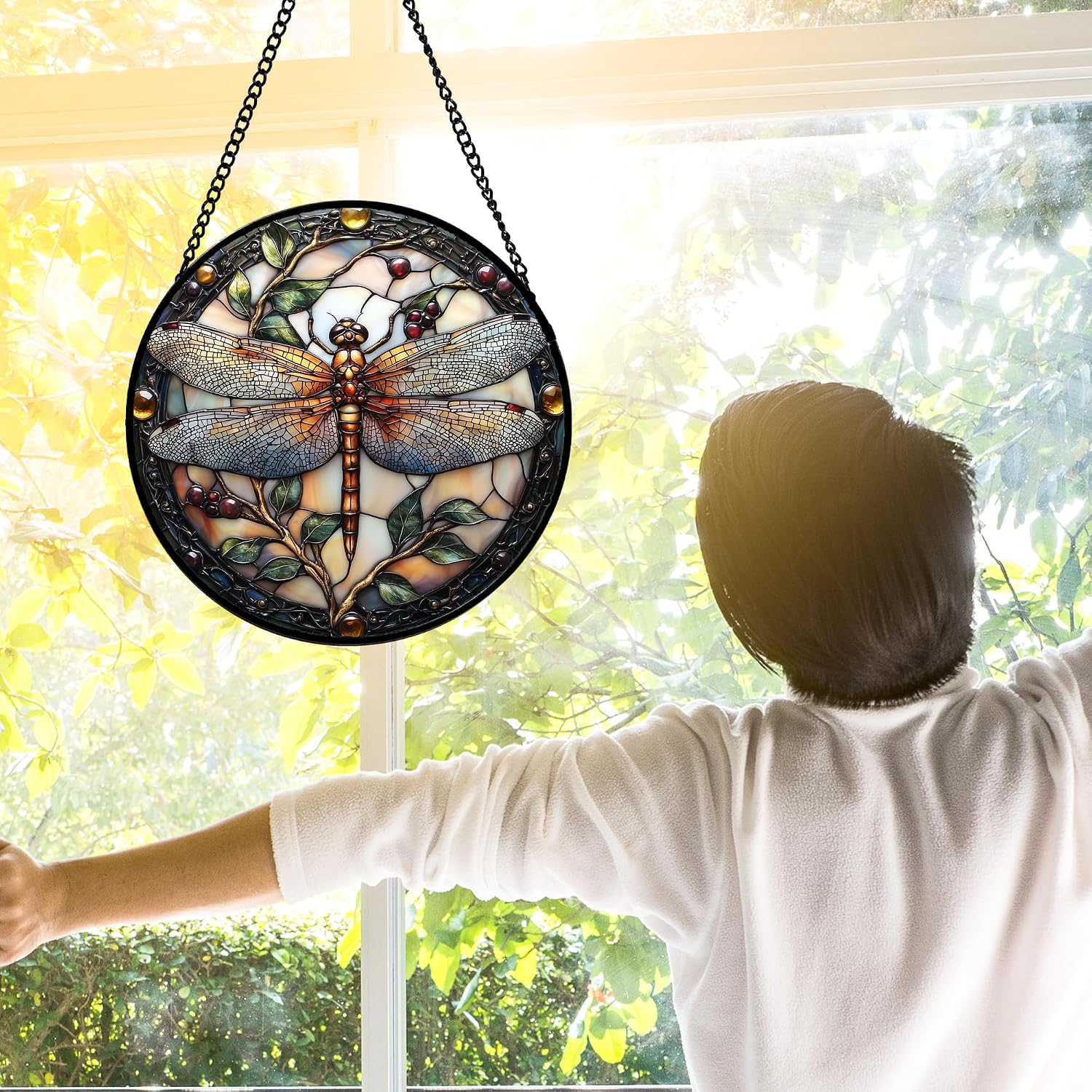 Detalle 2 de DASTOLL Dragonfly Stained Glass Suncatcher, 9.8-Inch Hanging Window Decor