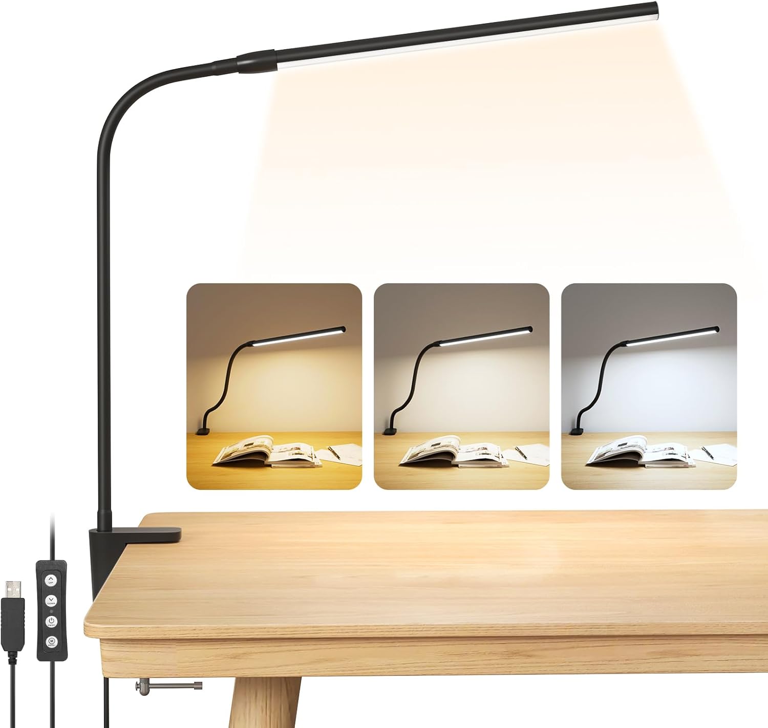 Detalle de Lepro LED Schreibtischlampe Klemmbar – verstellbare Architektenlampe mit Schwenkarm, 3 Farbmodi, 10 Helligkeitsstufen, USB, Augenfreundlich – Schwarz