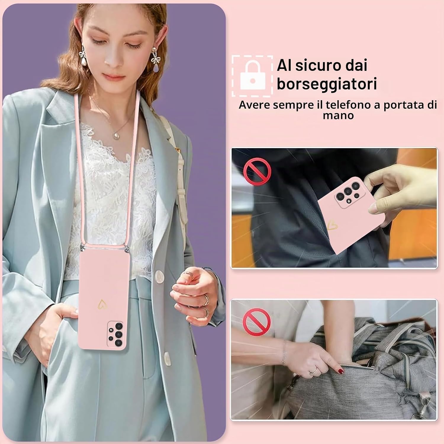 Thumbnail 4 de Oelrstfe Cover per Samsung Galaxy A53 5G con Cordino: custodia morbida, design a cuore e ciondolo regolabile
