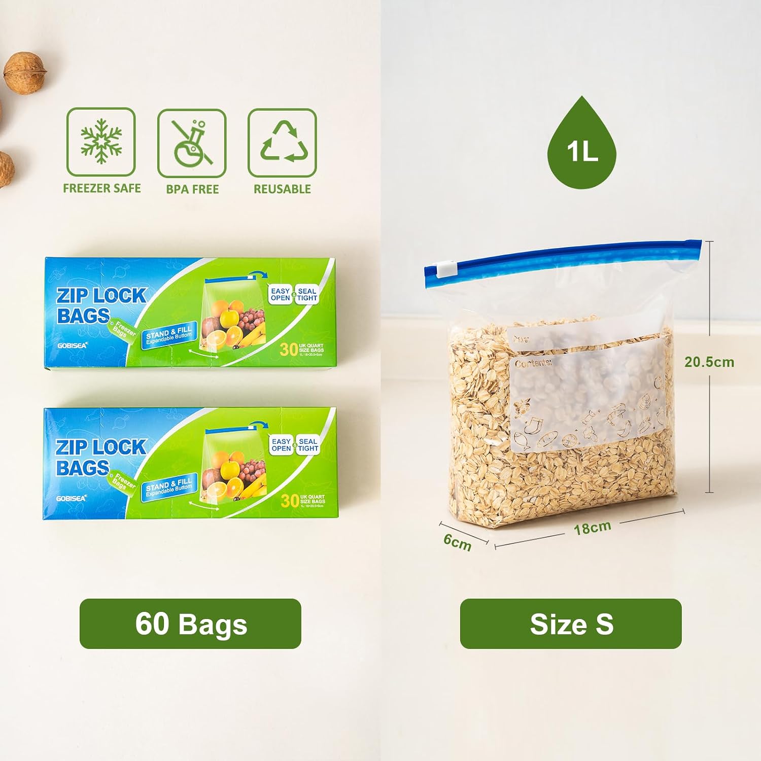 Detalle de GobiSea 60-Pack Zip Lock Freezer Bags – 1L, BPA-Free Freezer Bags with Expandable Bottom