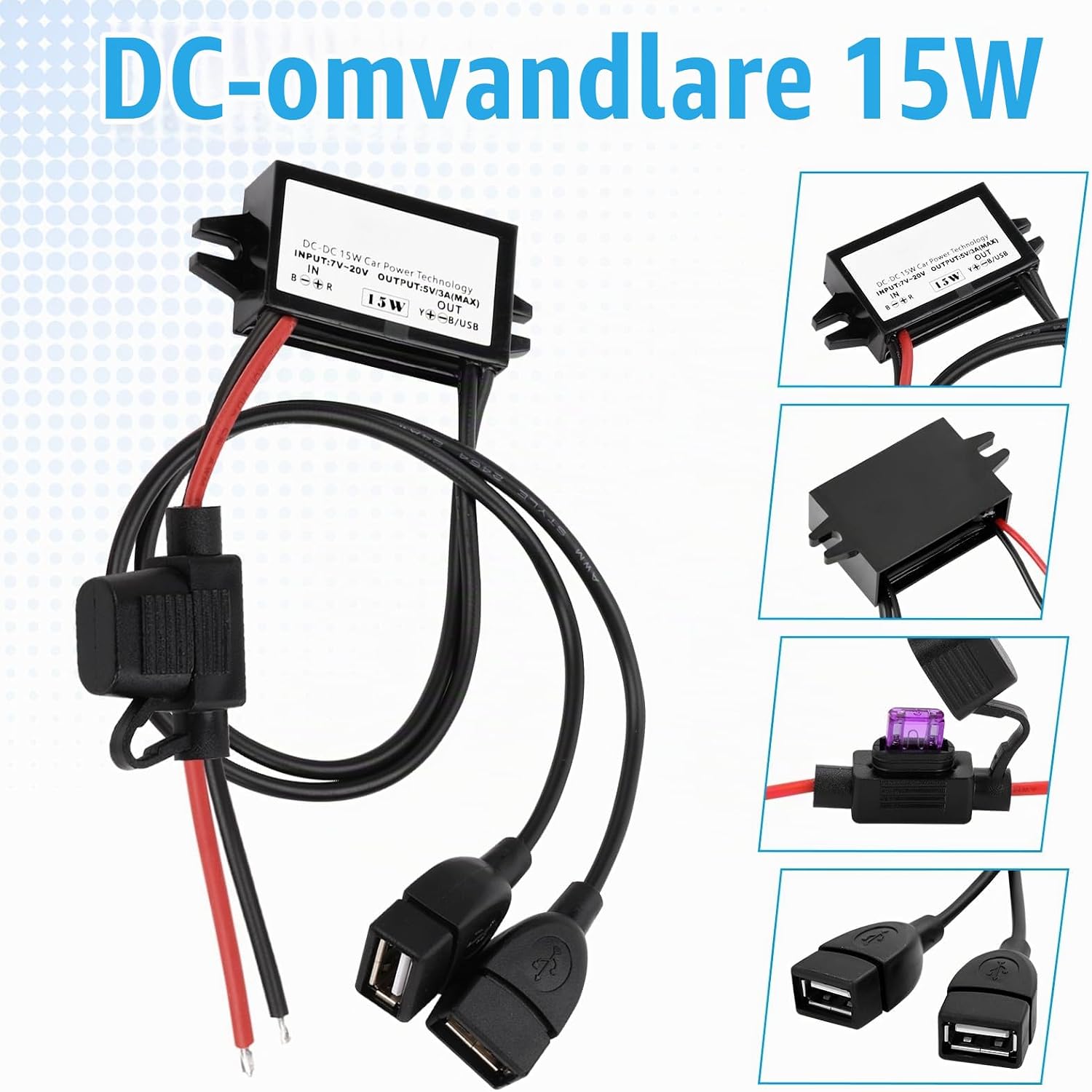 Detalle de Heemol DualUSB 12 V till USB-adapter med dubbla portar, säkring och 15 W