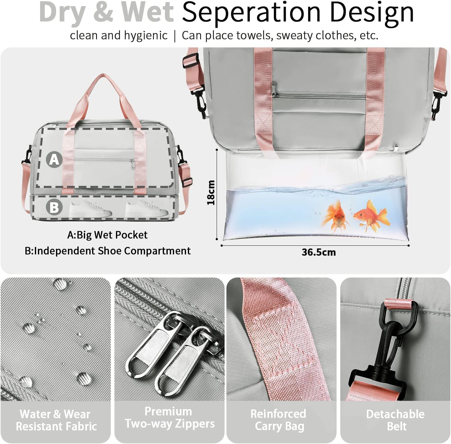 Detalle 2 de FIORETTO Foldable Weekend Bag with Shoe Compartment & Wet Pocket – 45L, Grey & Pink