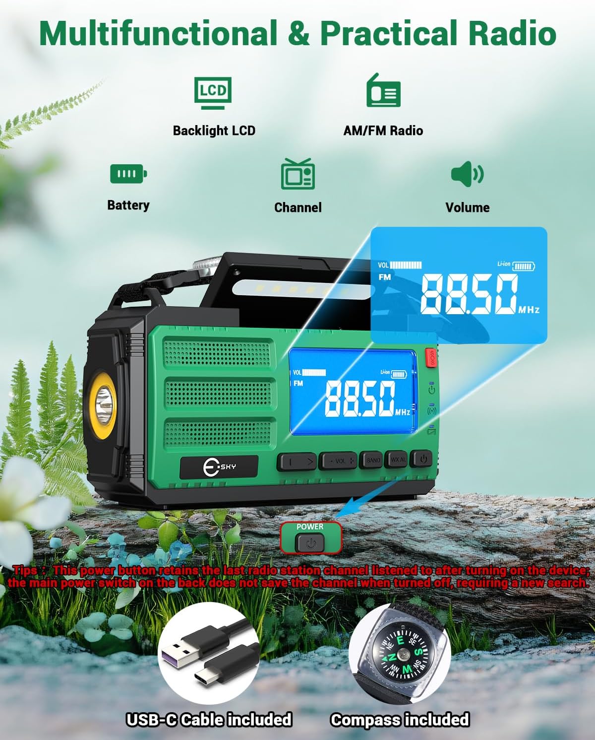 Detalle 2 de Esky 10000 mAh Radio Manovella: radio d'emergenza portatile con energia solare, torcia e bussola