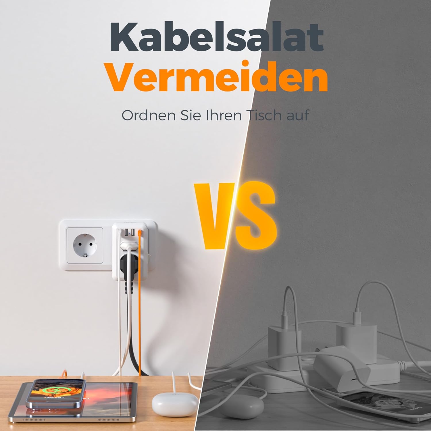 Thumbnail 4 de TESSAN Doppelstecker für Steckdose mit 4 USB-Anschlüssen – 2-fach Steckdosenadapter mit Schalter, 4000W, USB-C & USB-A